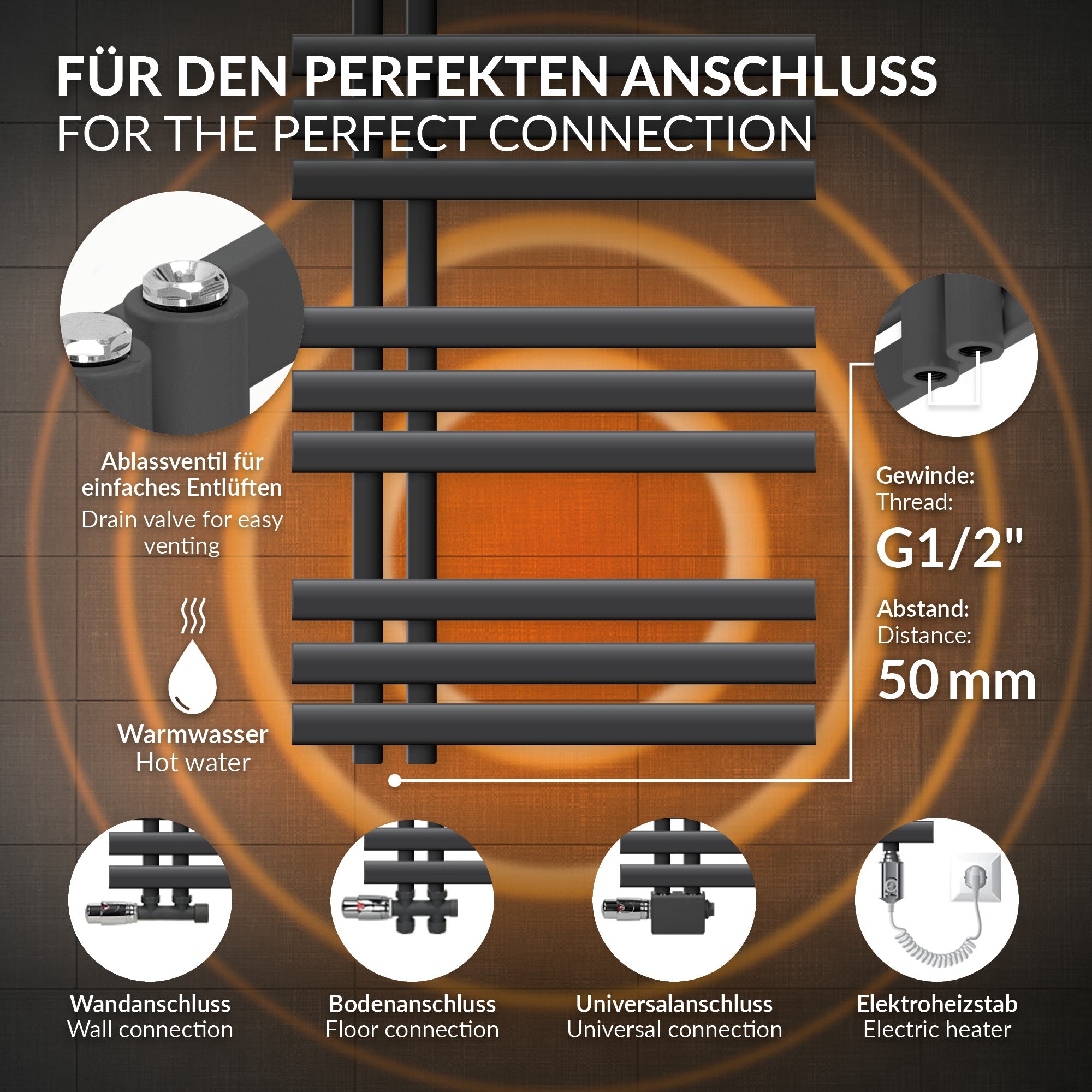 Ein anthrazitfarbener Heizkörper mit mehreren horizontalen Lamellen.