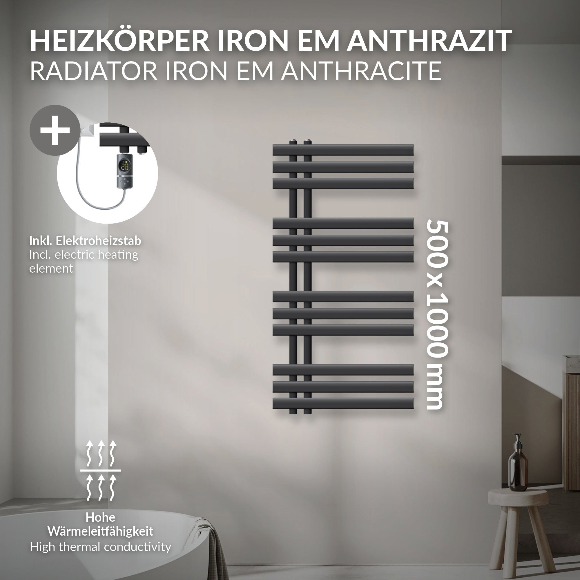 Anthrazitfarbener Heizkörper mit elektrischen Heizstab, Maße 500x1000 mm.