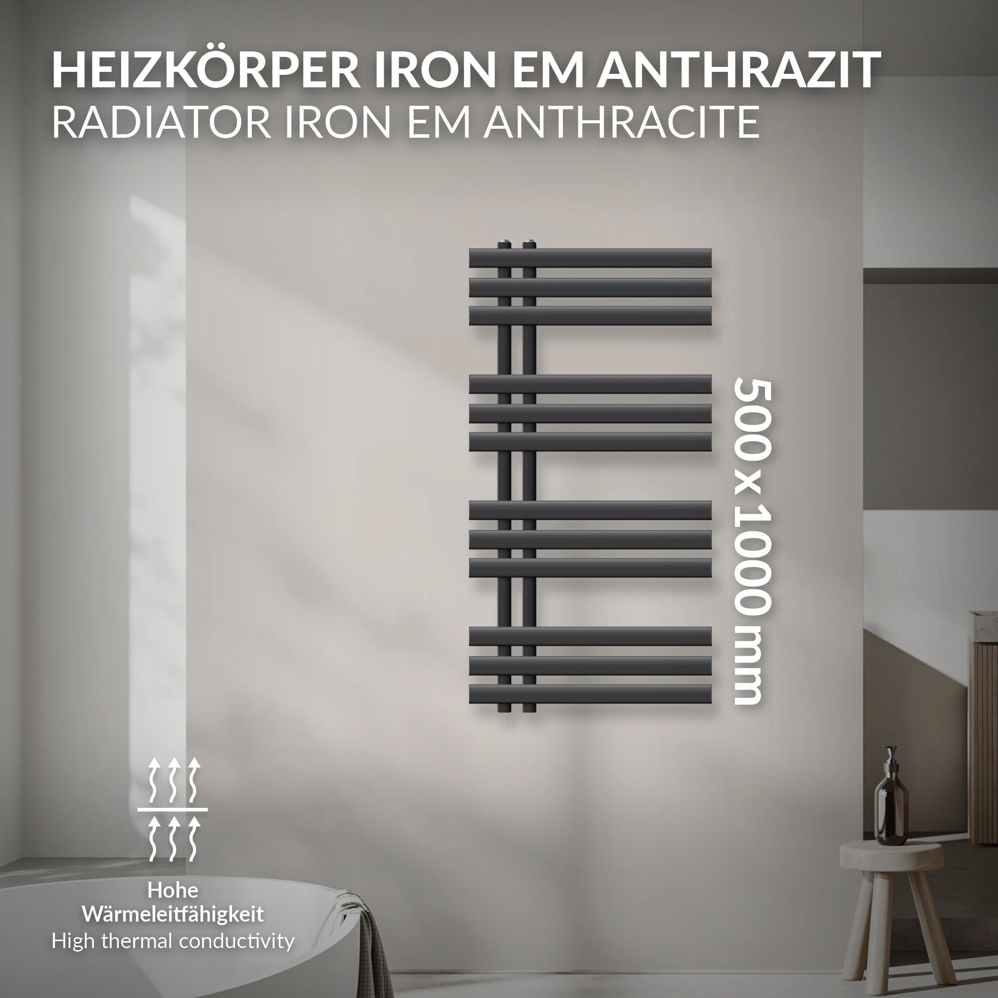 Antracitový radiátor, rozměry 500x1000 mm, s elektrickým topným tyčí.