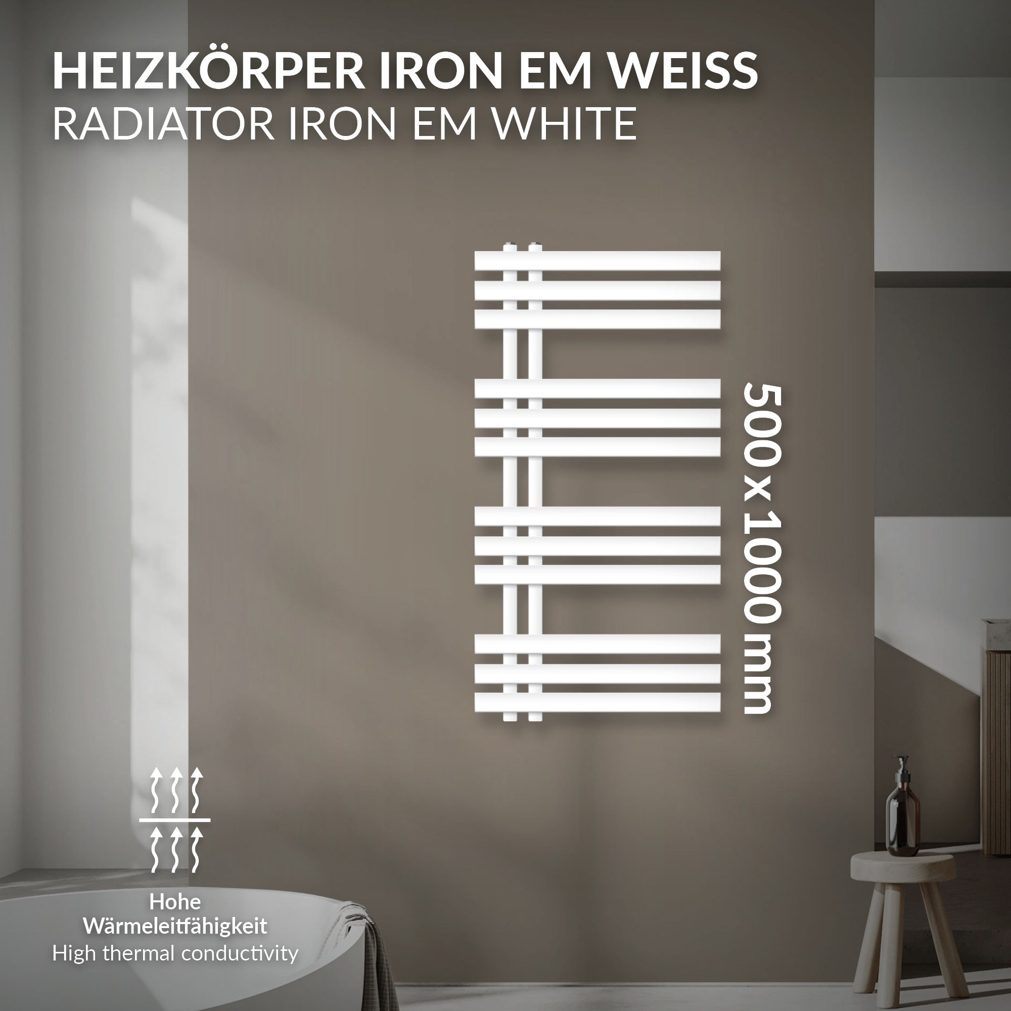 Weißer Heizkörper Iron EM mit Abmessungen 500x1000 mm auf grauem Hintergrund.