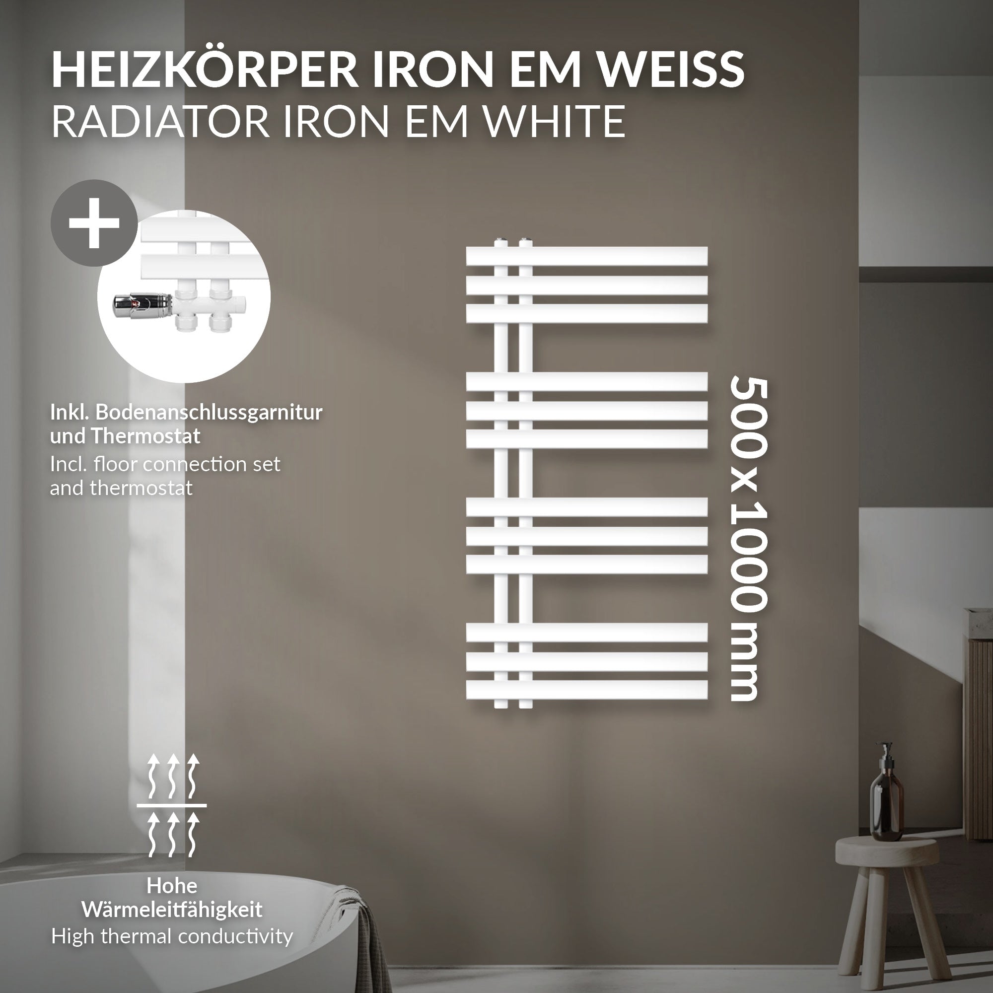 Weißer Heizkörper Iron EM mit Abmessungen 500x1000 mm auf grauem Hintergrund.