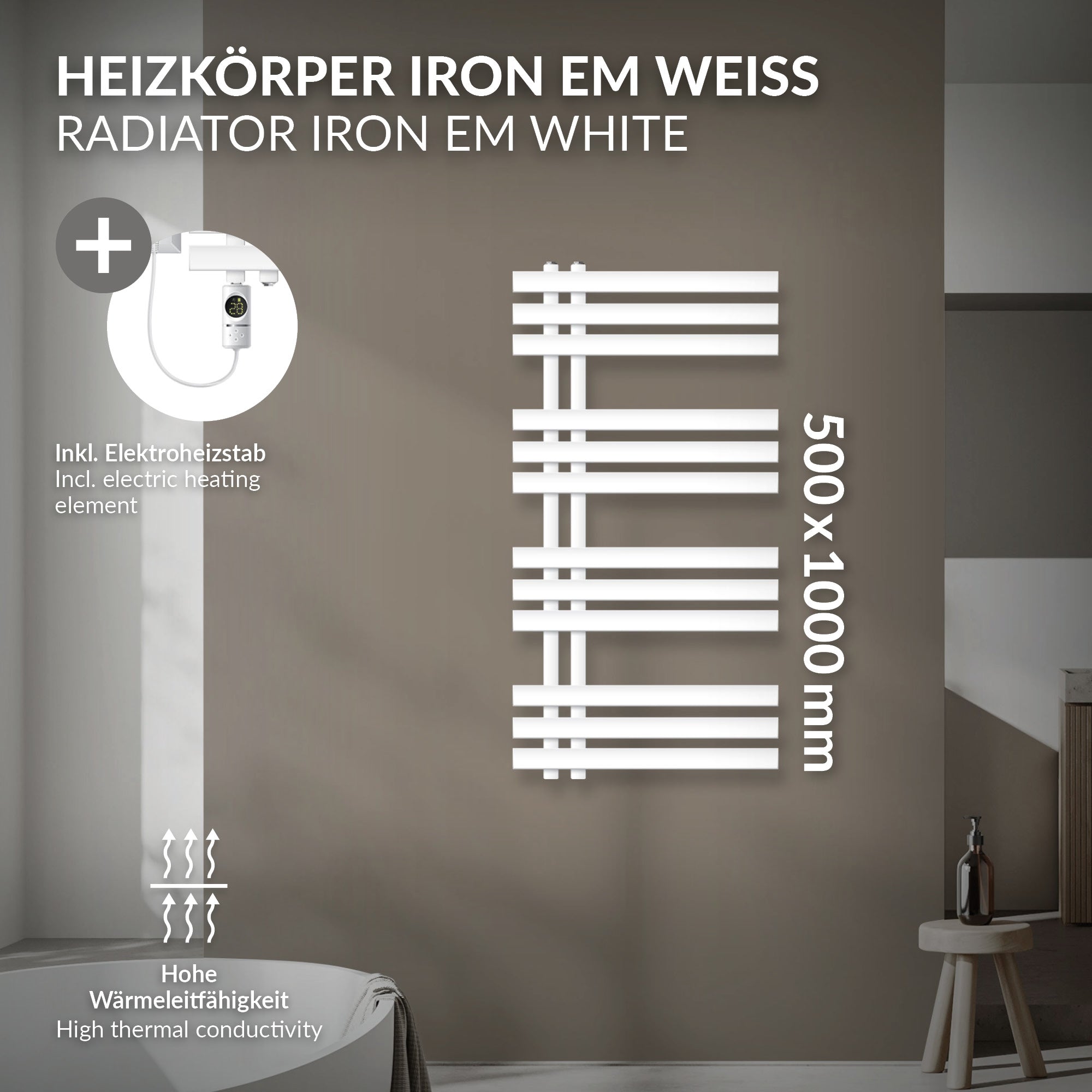 Witte radiator met afmetingen 500x1000 mm en elektrische verwarmingsstaaf.