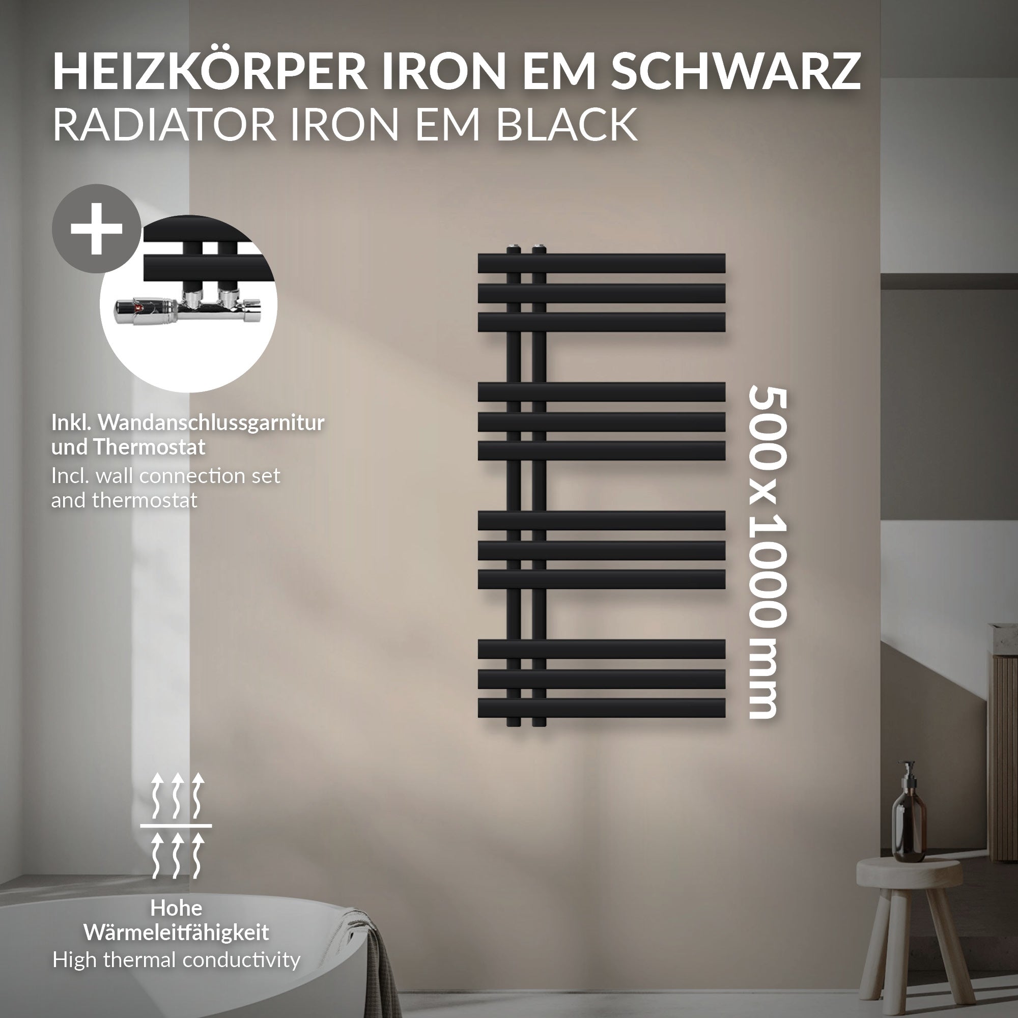 Schwarzer Heizkörper mit horizontalen und vertikalen Streben, Maße 500x1000 mm.