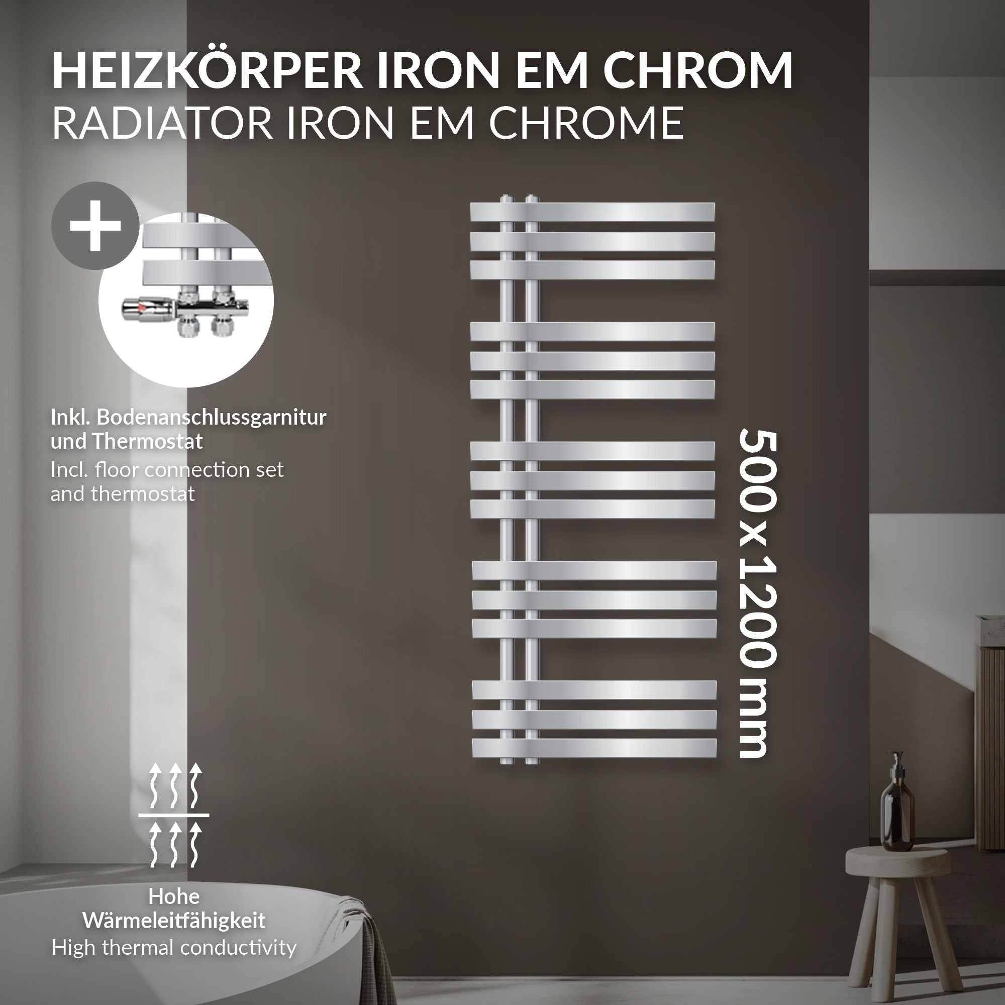 Grzejnik IRON EM w kolorze chromu na ścianie, wymiary 500x1200 mm.