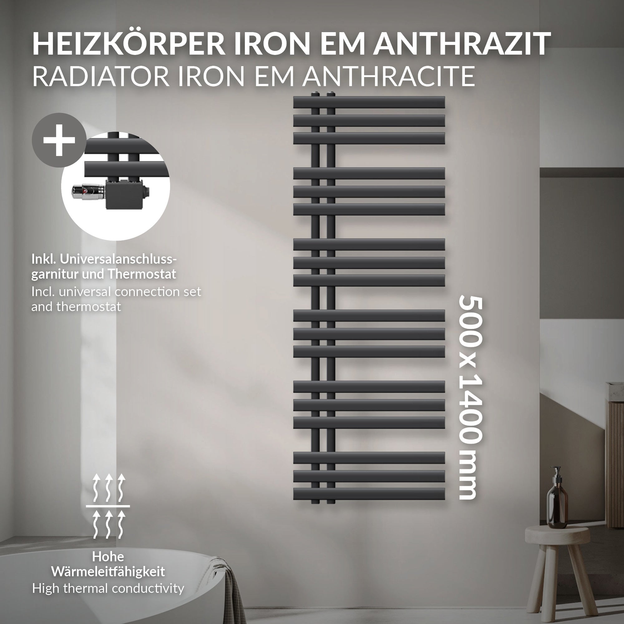 Heizkörper Iron EM Anthrazit an einer Wand, 500x1400 mm.