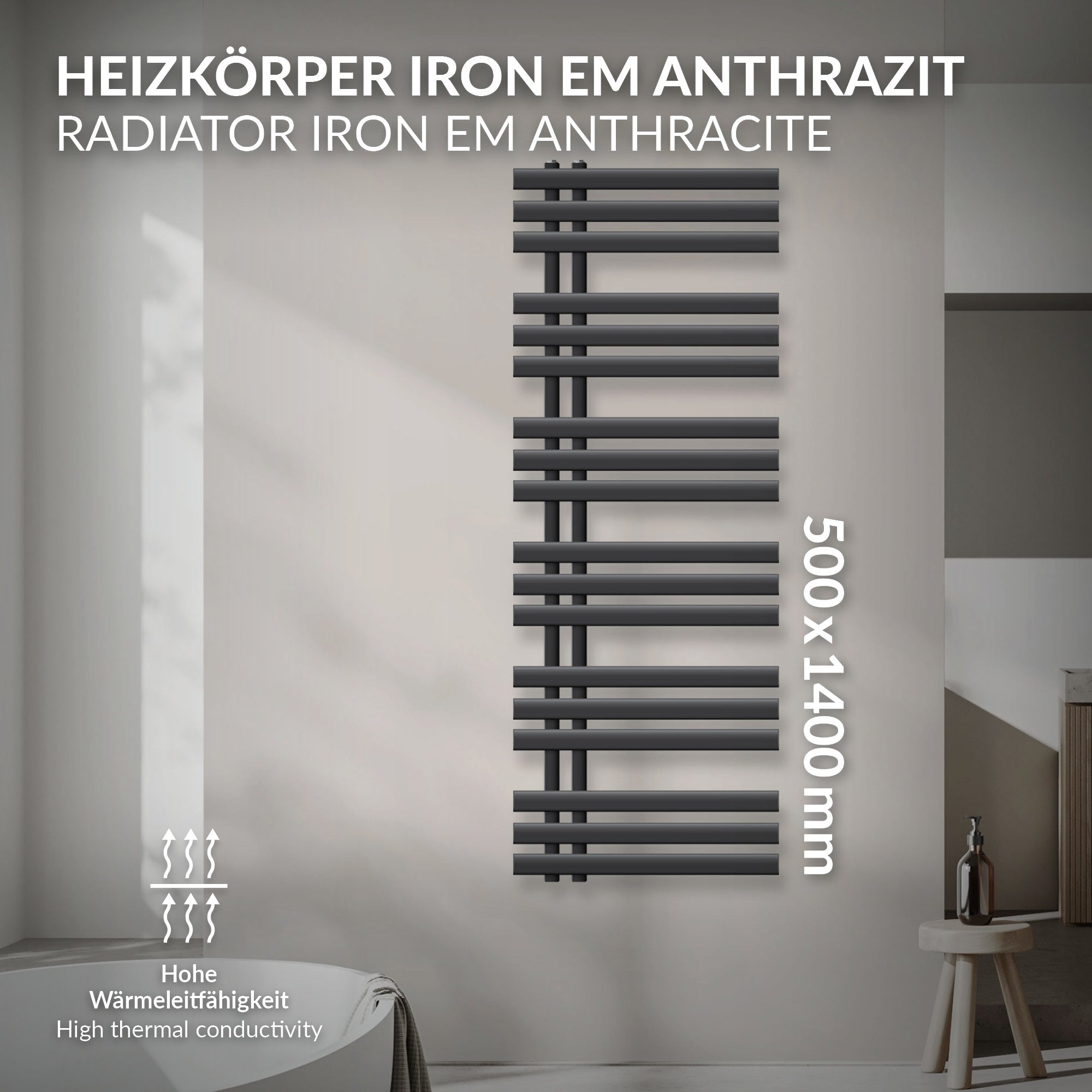 Radiator i antracit, 500x1400 mm, monteret på en væg.