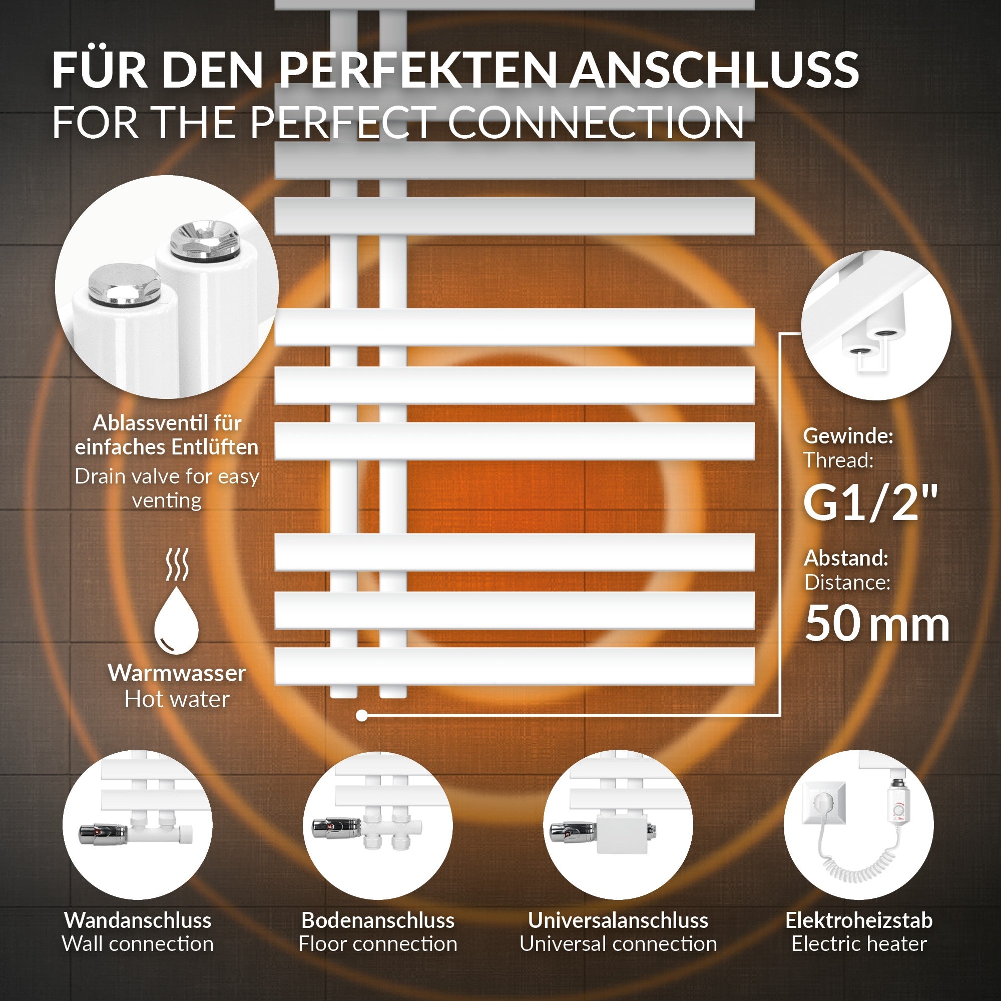 Witte radiator met aansluitdetails en thermostaat.