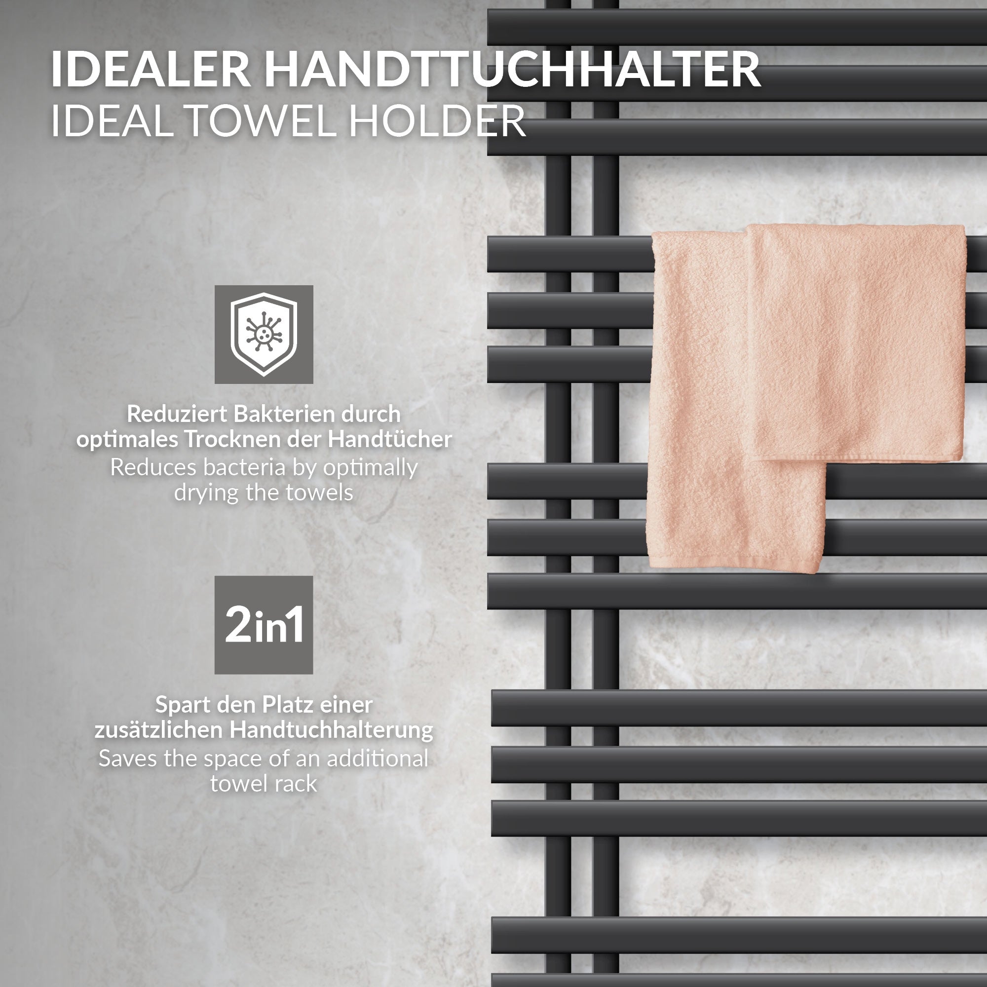 Towel holder in charcoal with towels on a light background.