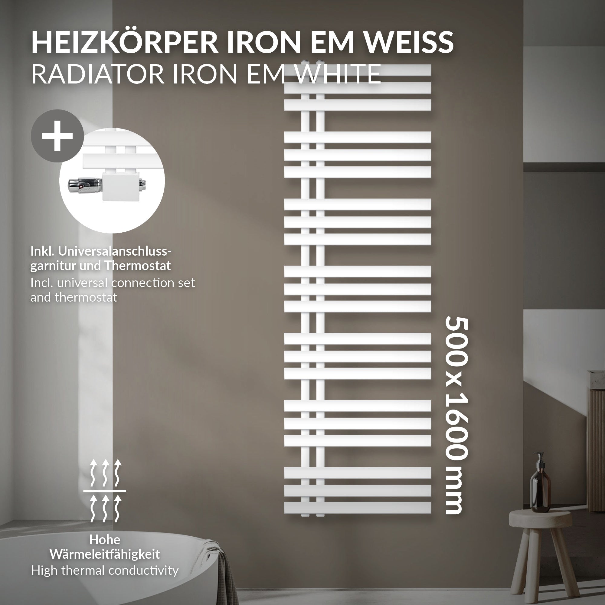 Weißer Heizkörper mit horizontalen Streben, Maße 500x1600 mm.
