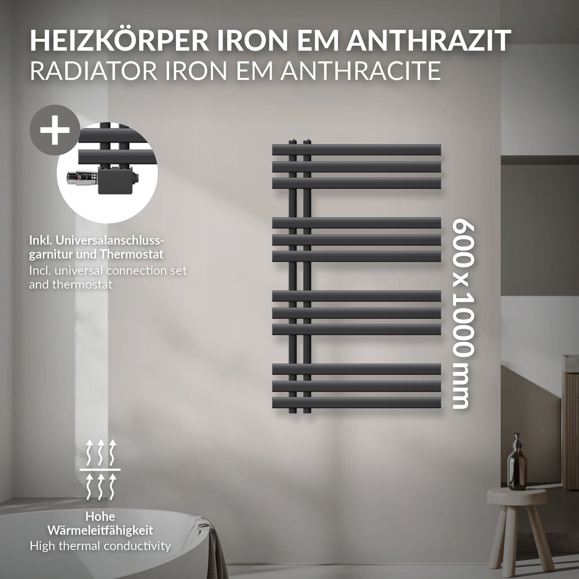 Radiatore antracite con tubi orizzontali, misure 600x1000 mm.