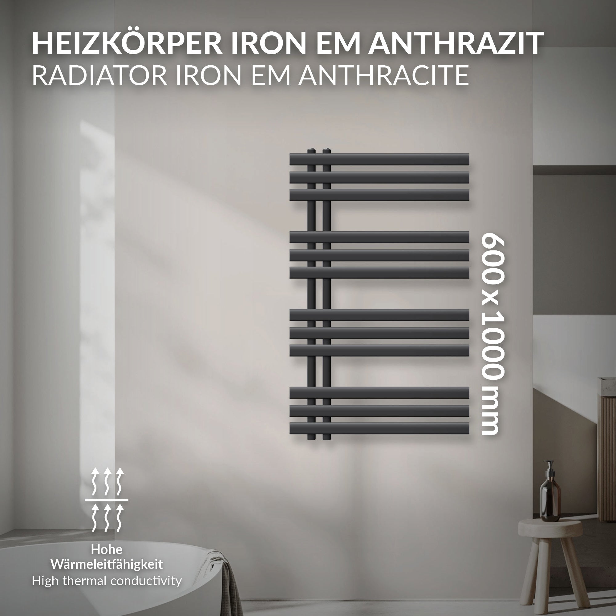 Antracietkleurige radiator met horizontale en verticale buizen.