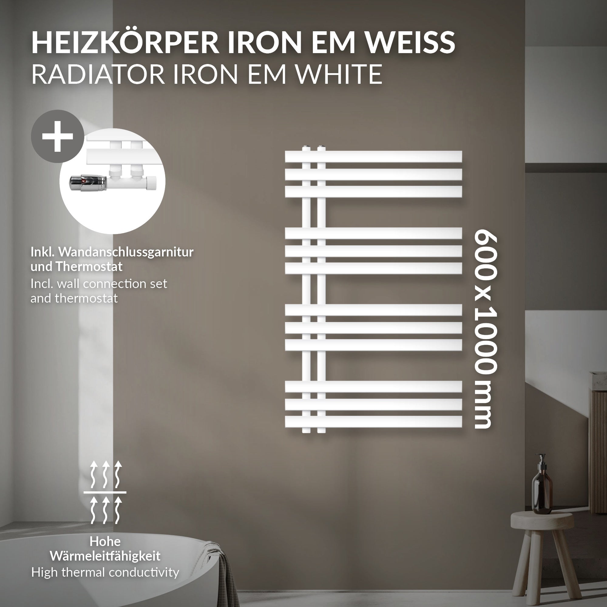 Fehér radiátor falra csatlakozással és termosztáttal, 600x1000 mm.