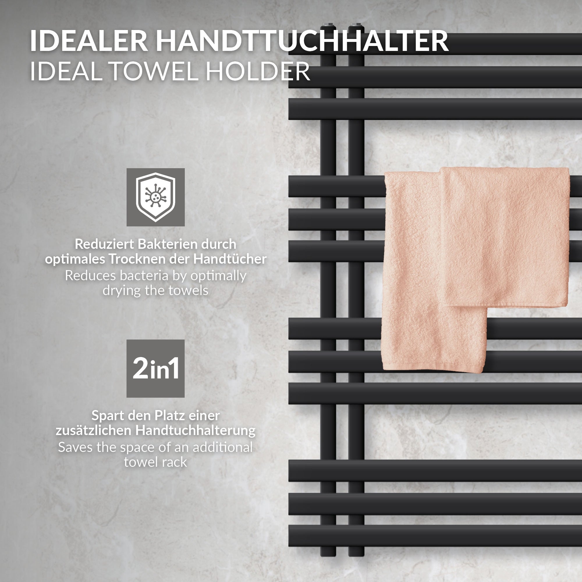 Schwarzer Handtuchhalter mit zwei Handtüchern, optimal zum Trocknen.