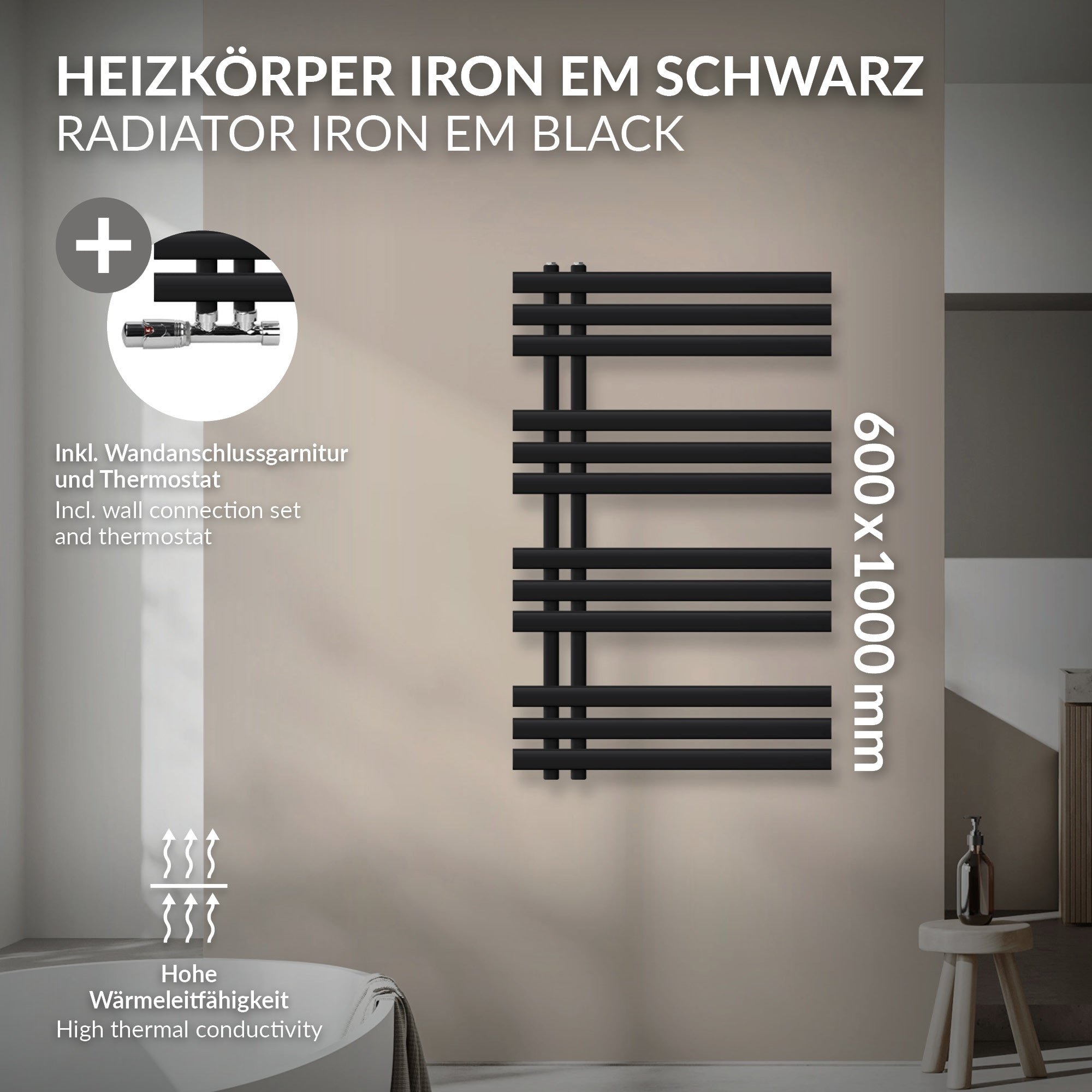 Schwarzer Heizkörper mit Wandanschluss und Thermostat, 600x1000 mm.
