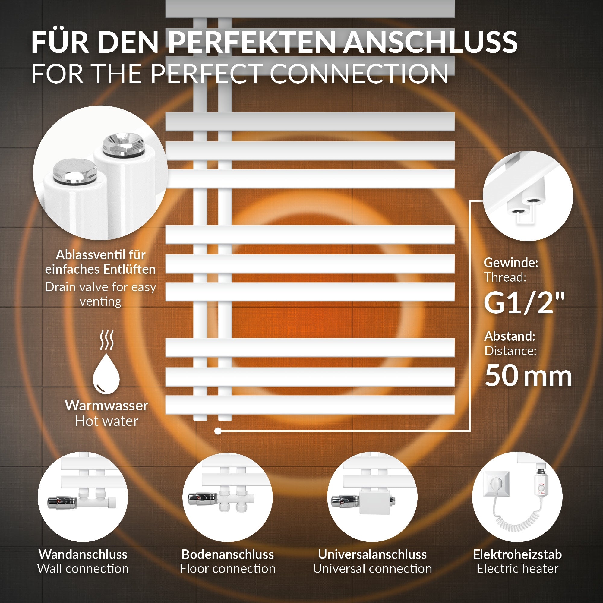 Fehér radiátor vízszintes bordákkal, 600x1400 mm, részletes nézet.