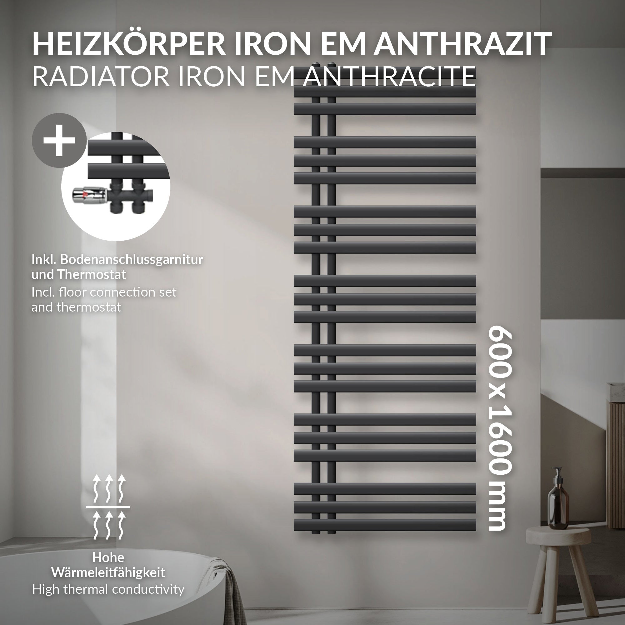 Anthrazitfarbener Heizkörper mit horizontalen und vertikalen Rohren, Maße 600x1600 mm.