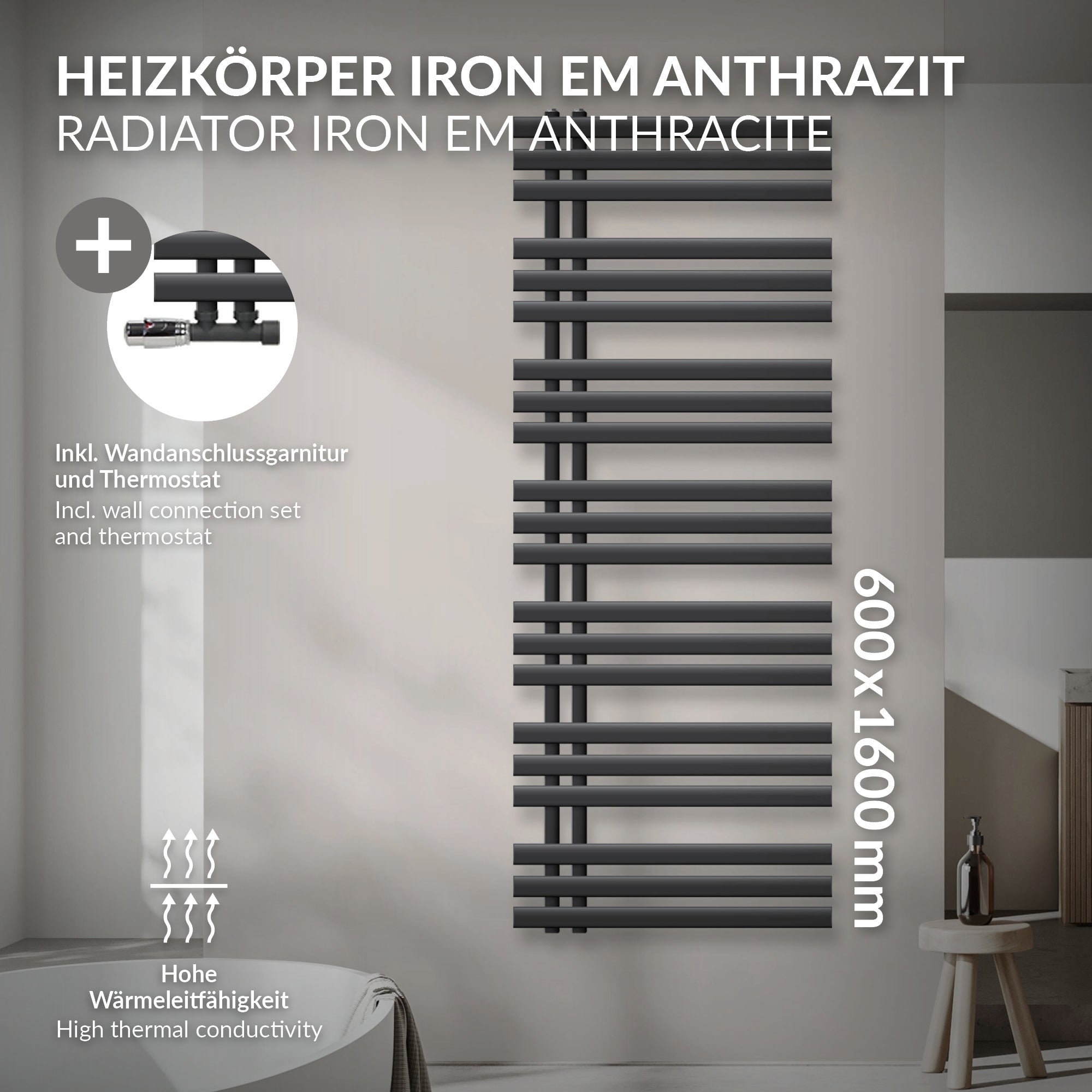 Anthrazitfarbener Heizkörper mit vertikalen Lamellen.