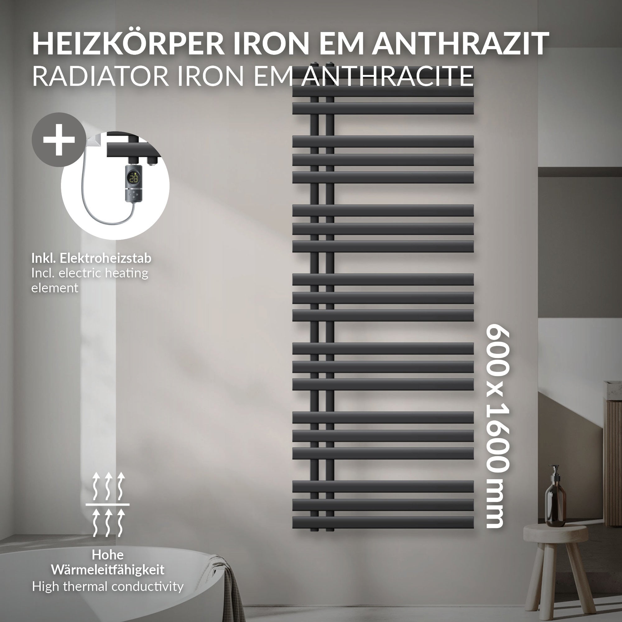 Een antracietkleurige radiator met elektrische verwarmingsstaaf aan een muur.