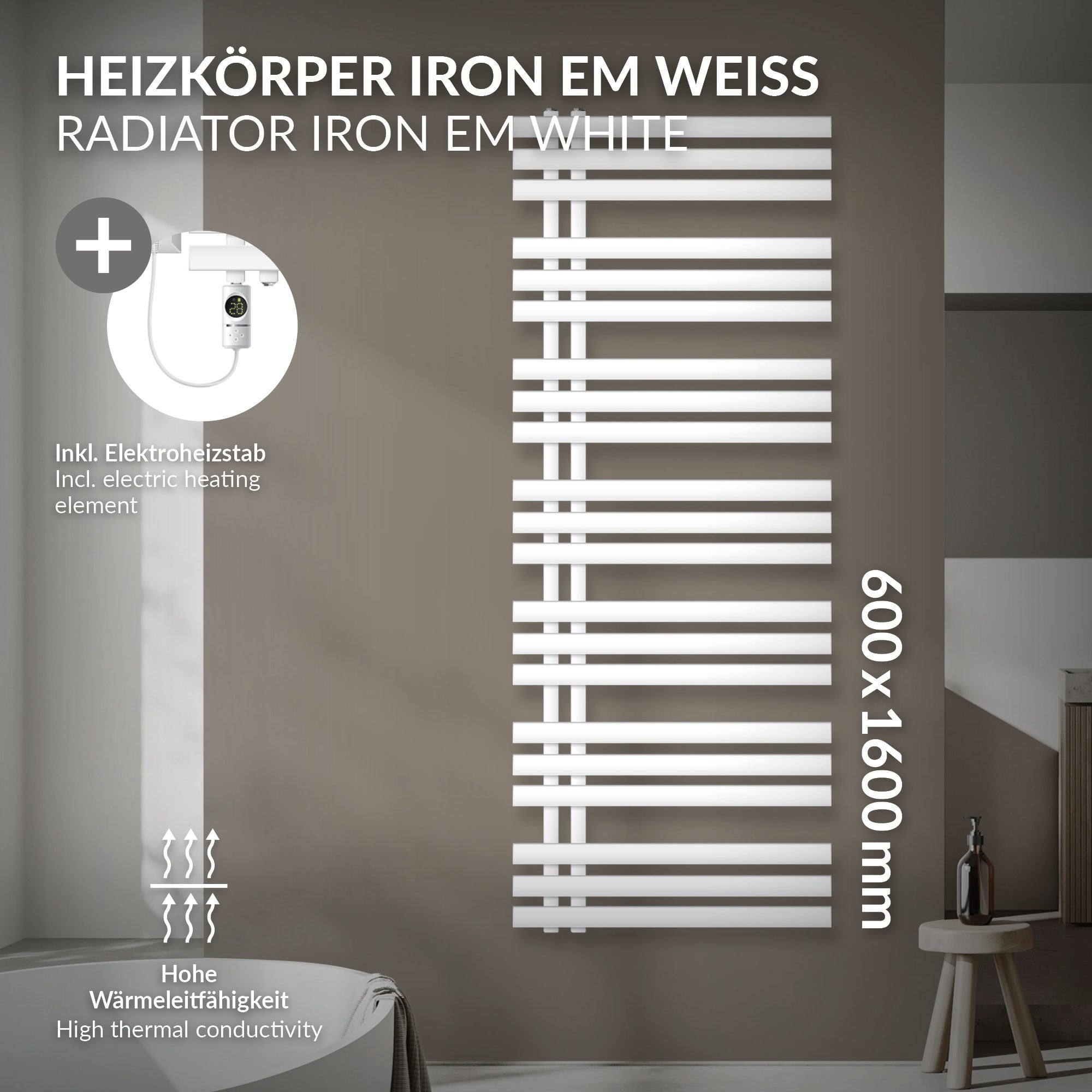 Weißer Heizkörper mit Elektro-Heizstab, vertikal an einer Wand montiert.
