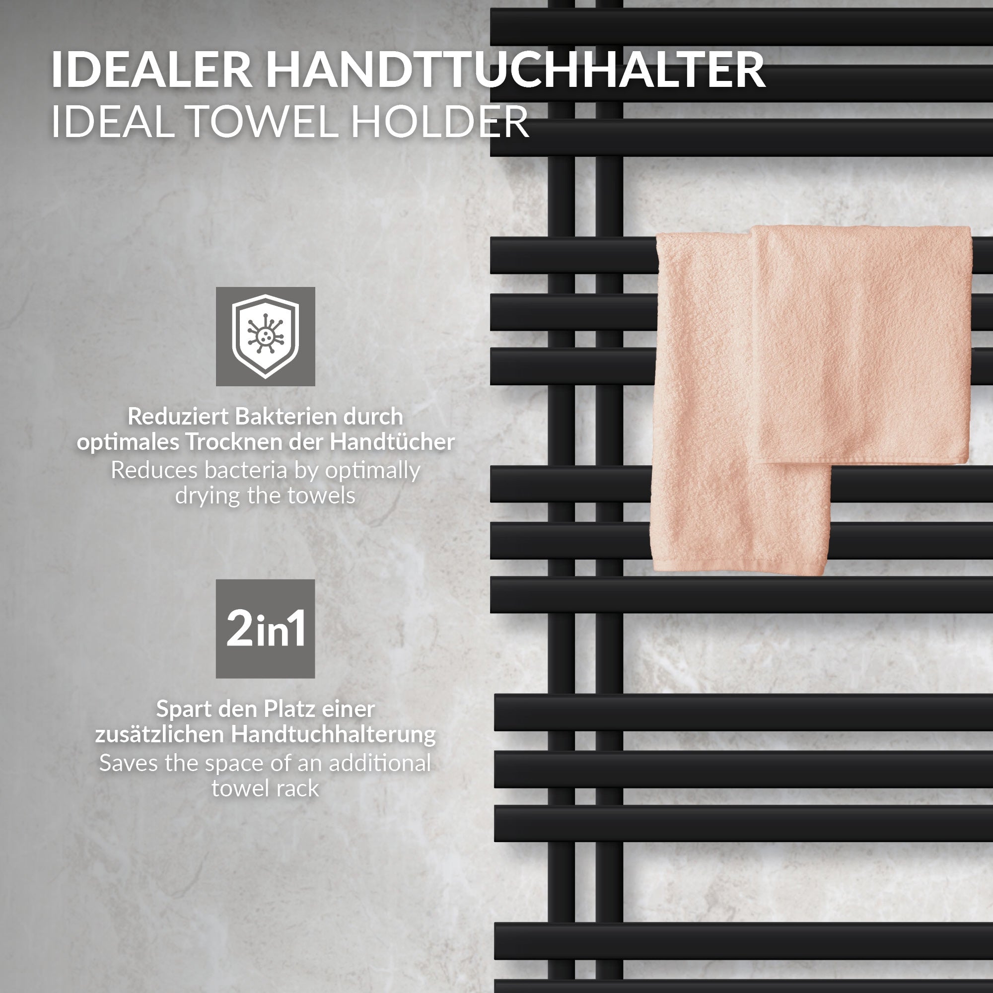 Zwarte handdoekhouder met twee handdoeken, op een lichte achtergrond.