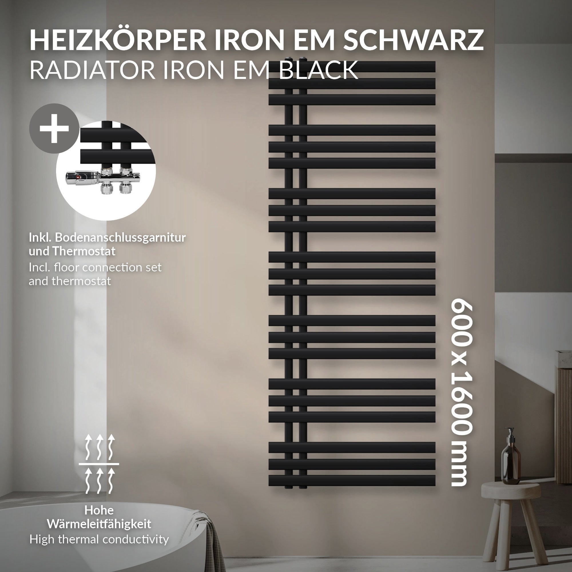 Iron EM fekete radiátor, 600x1600 mm, tartozékokkal és termosztáttal.