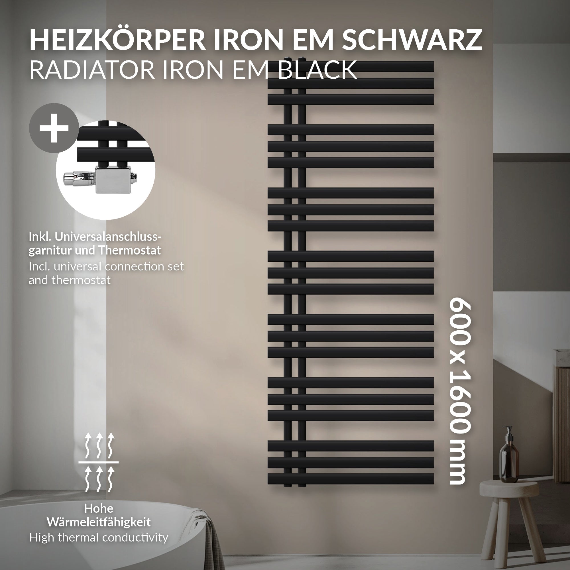 Schwarzer Heizkörper mit horizontalen und vertikalen Streben, Maße 600x1600 mm.