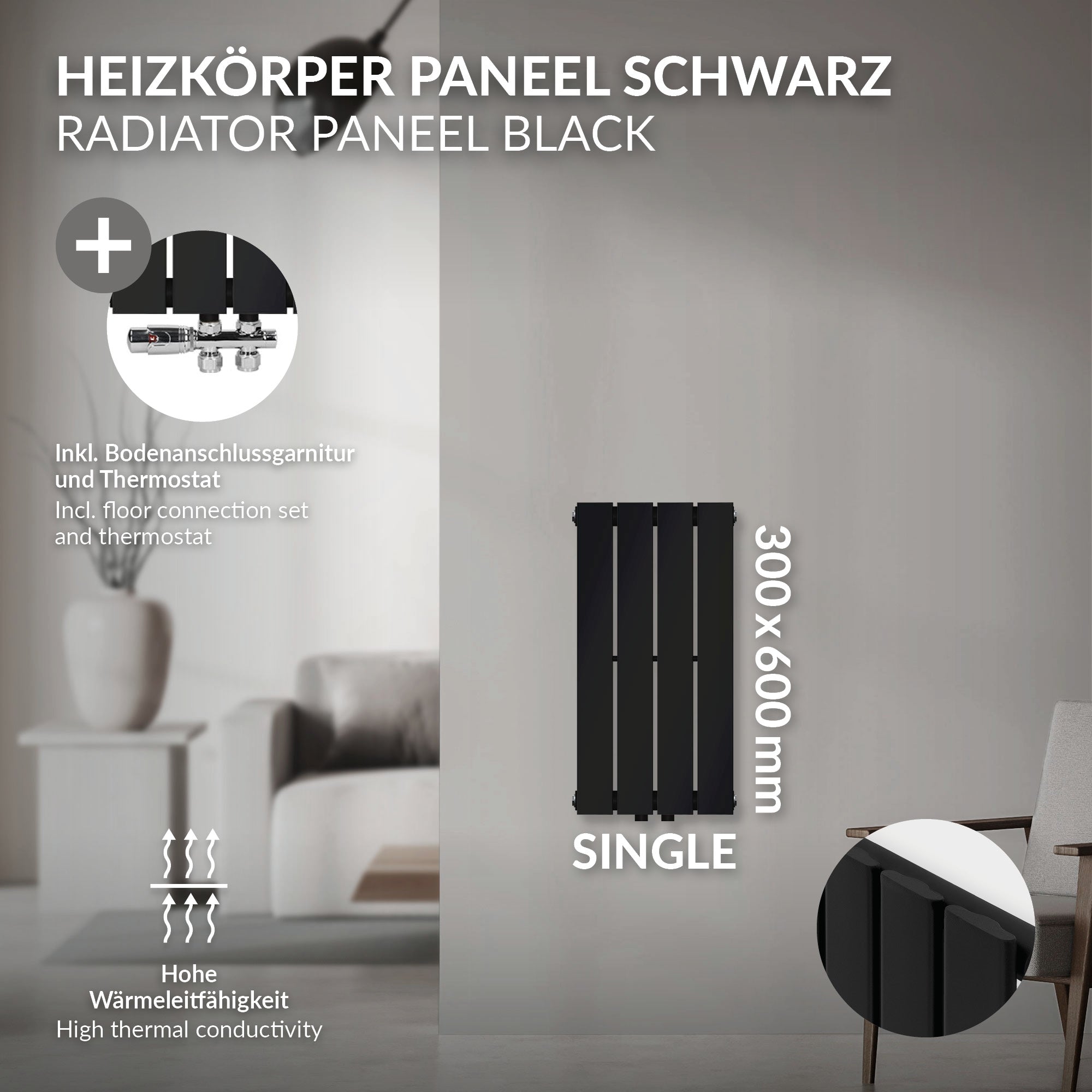Schwarzes Heizkörperpaneel mit Zubehör und Montageanleitung.