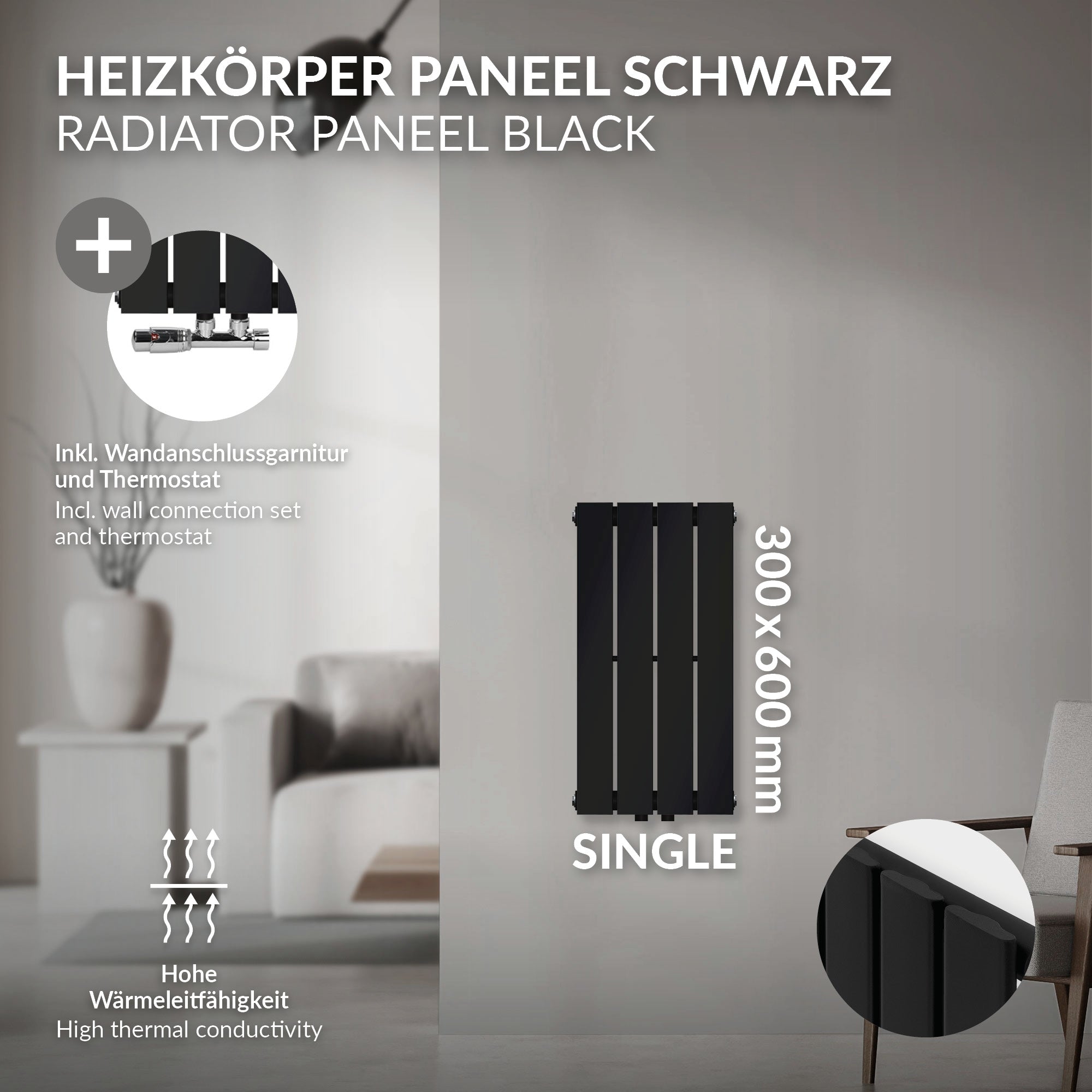 Fekete radiátorpanel 300x600 mm méretekkel egy falon.