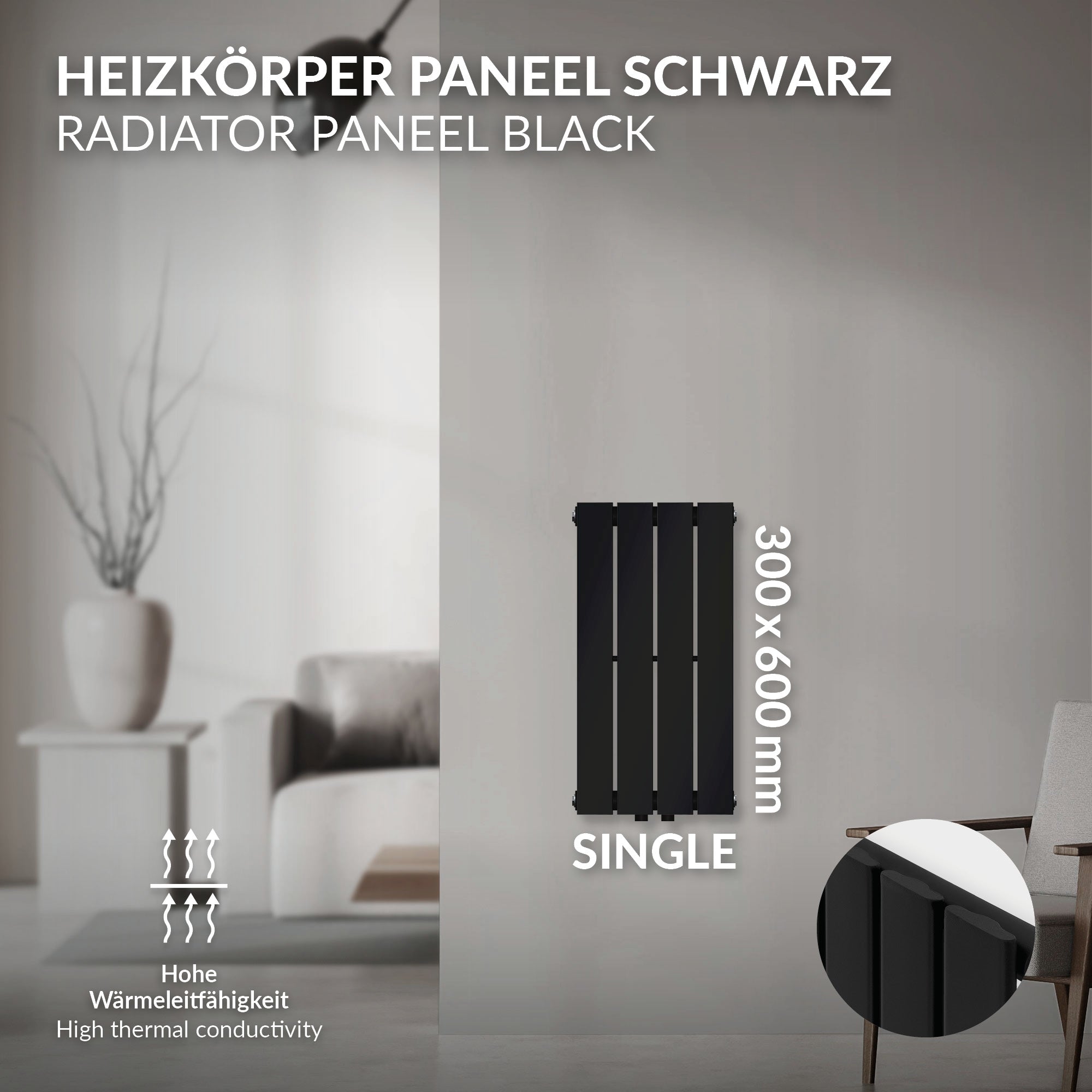 Schwarzes Heizkörperpaneel mit den Maßen 300x600 mm an einer Wand.