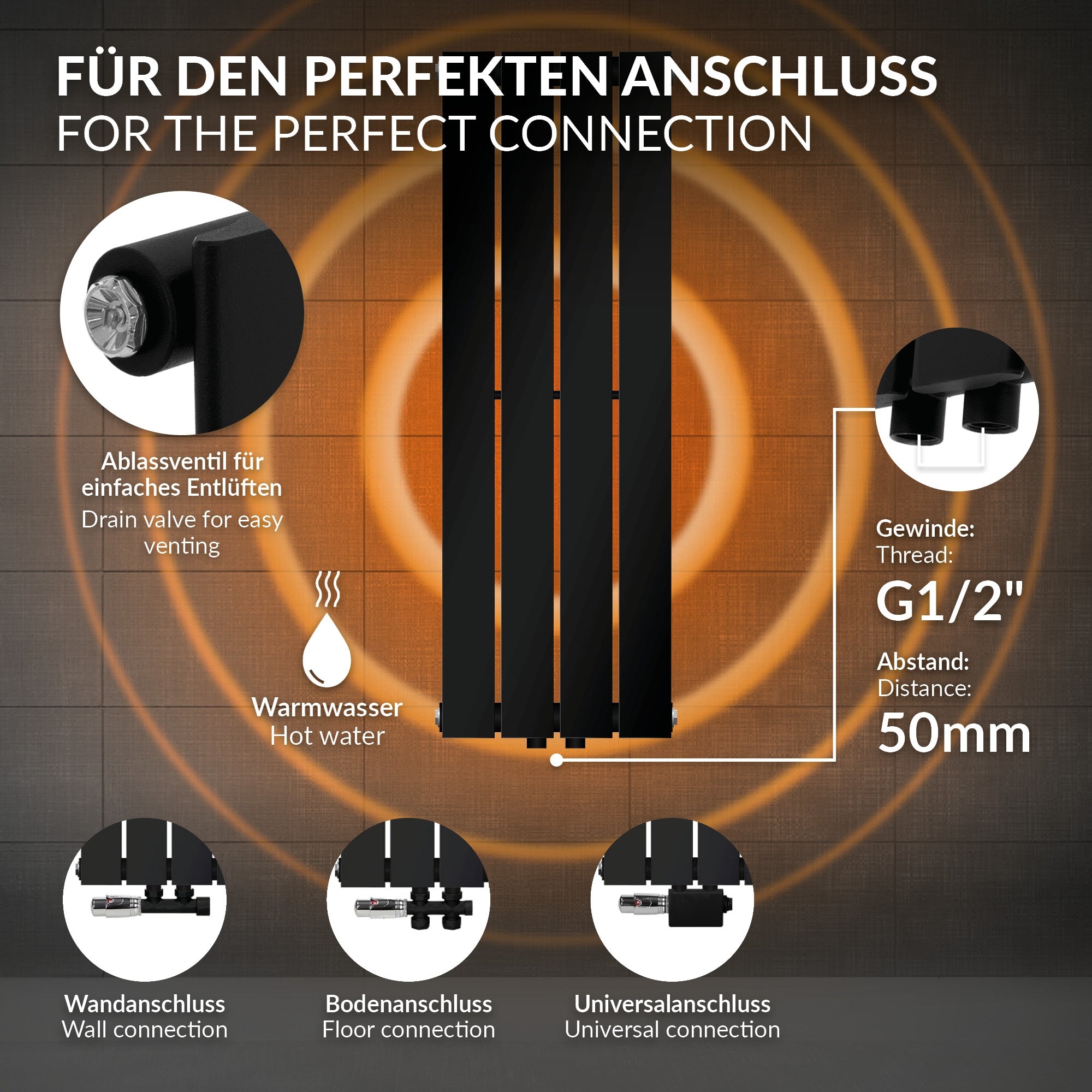 Black radiator panel with dimensions 300x900 mm.