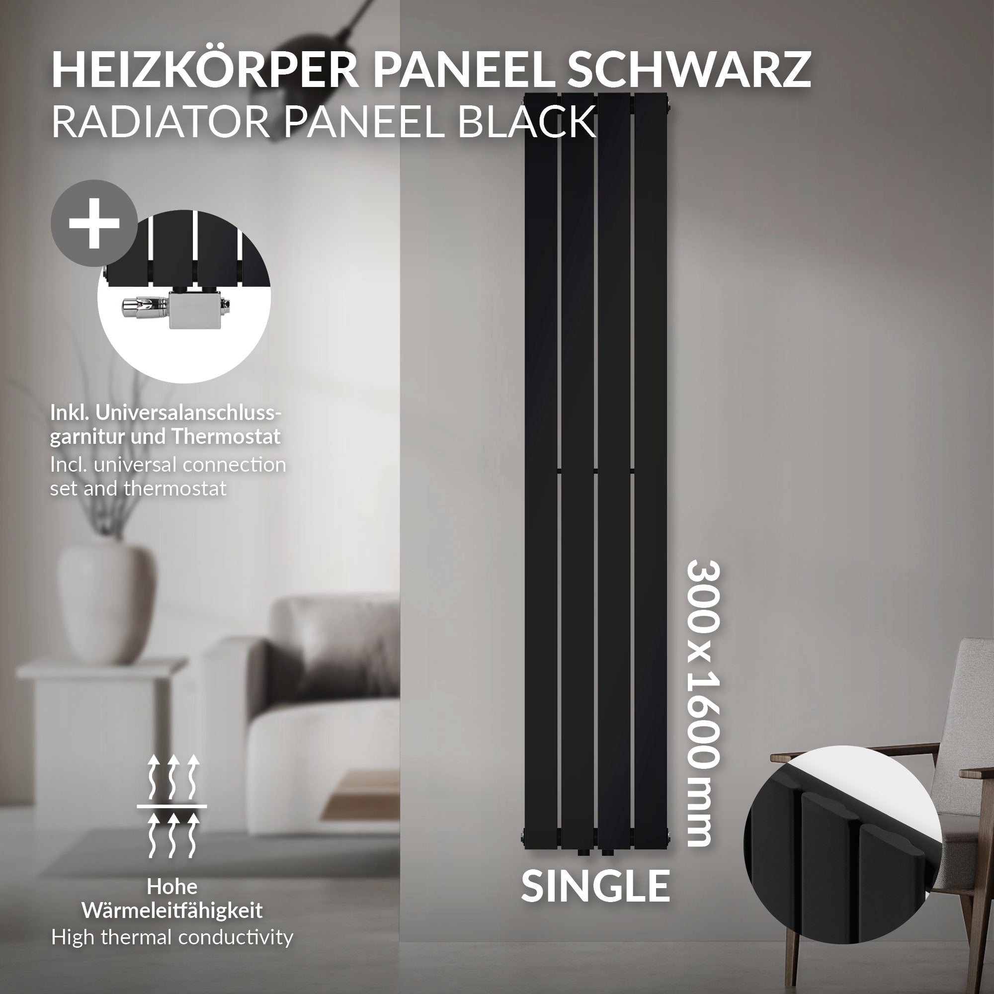 Pannello radiatore nero con dimensioni 300x1600 mm.