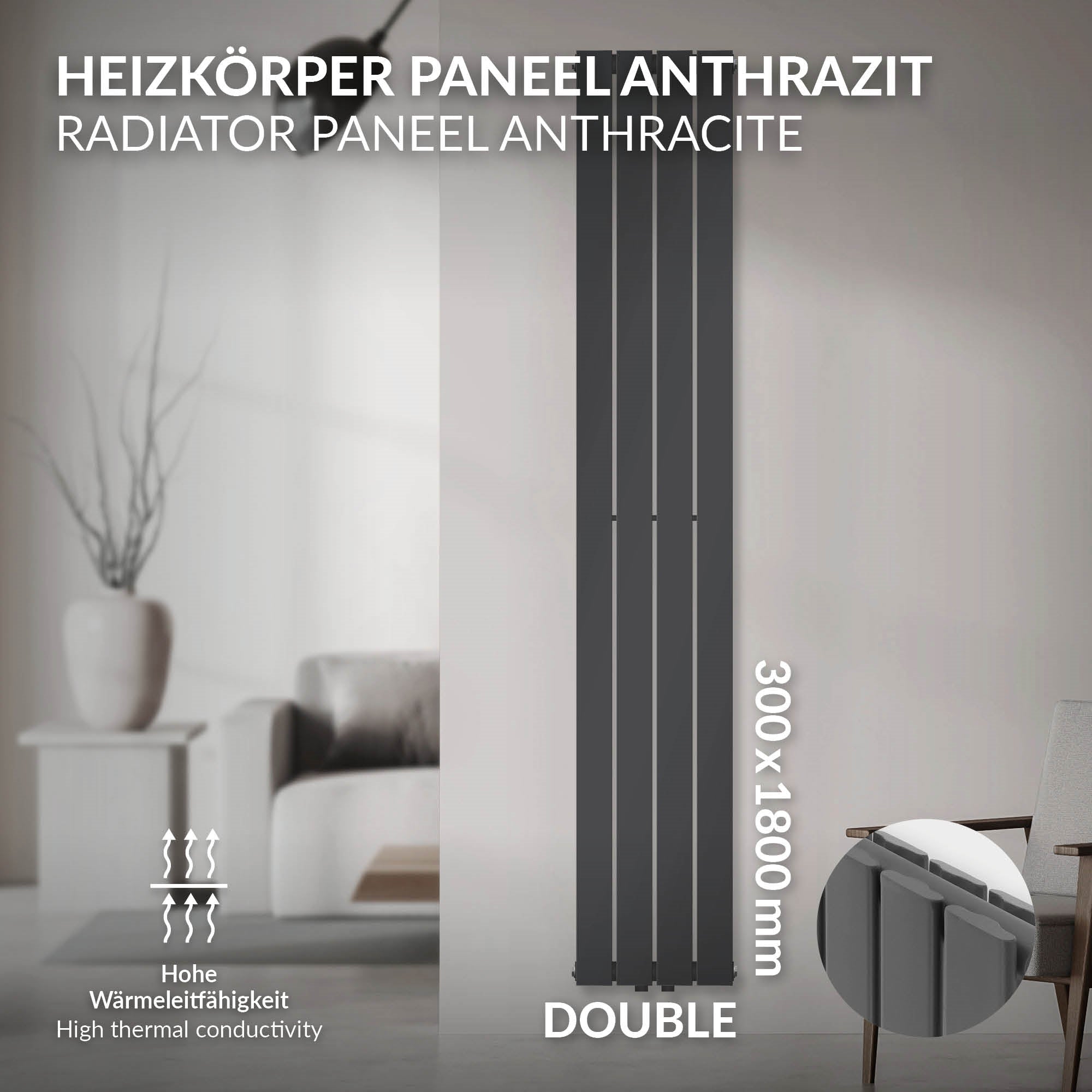 Antracitfarvet radiatorpanel med dobbelt udførelse, 300x1800 mm.