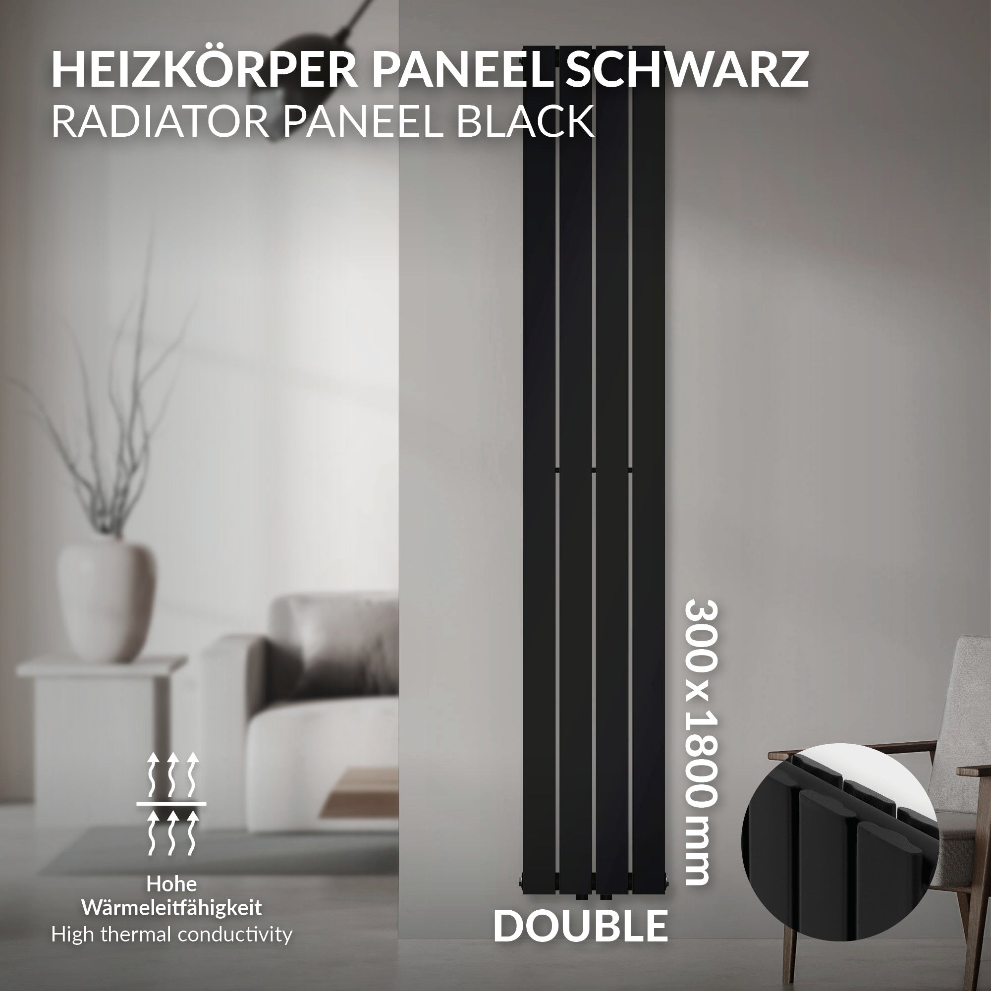 Sort radiatorpanel med dobbelt udførelse, 300x1800 mm.