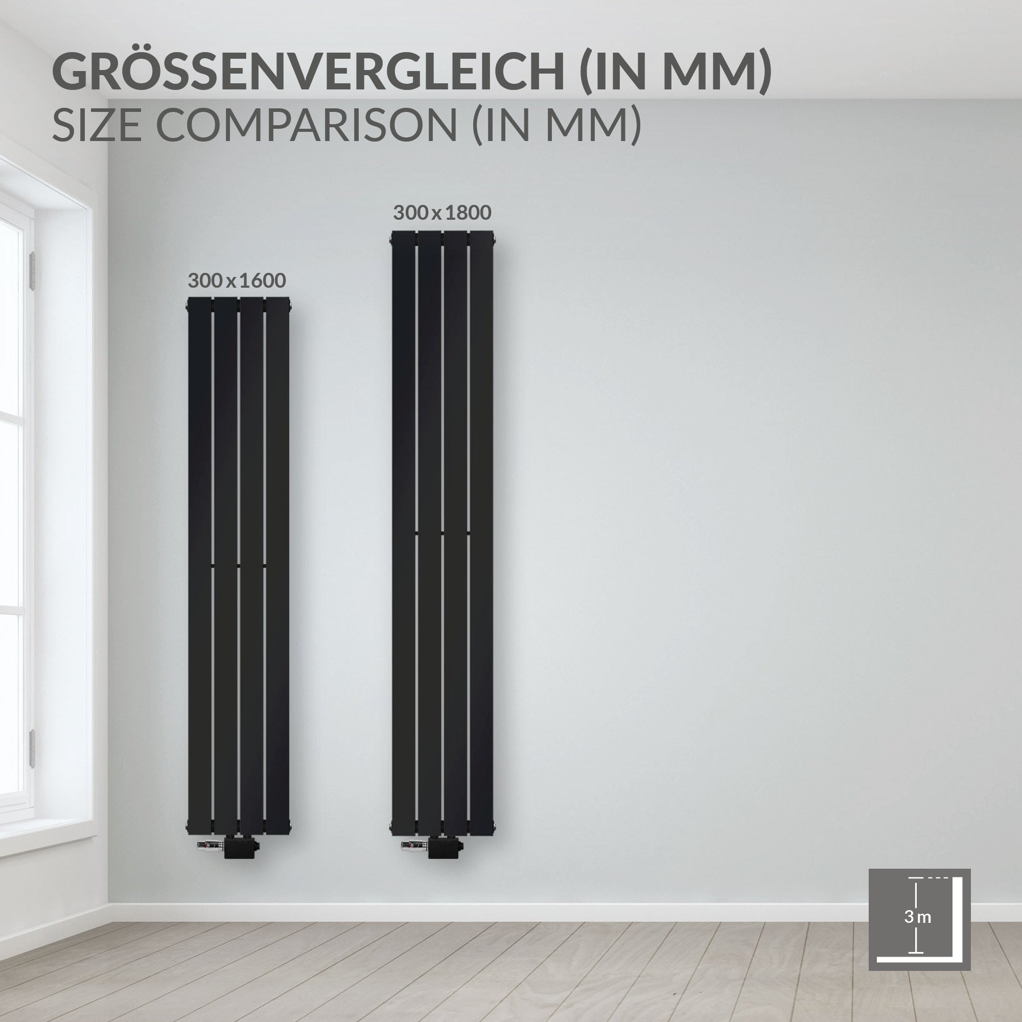 Sort radiator, vertikalt, 300x1800 mm.