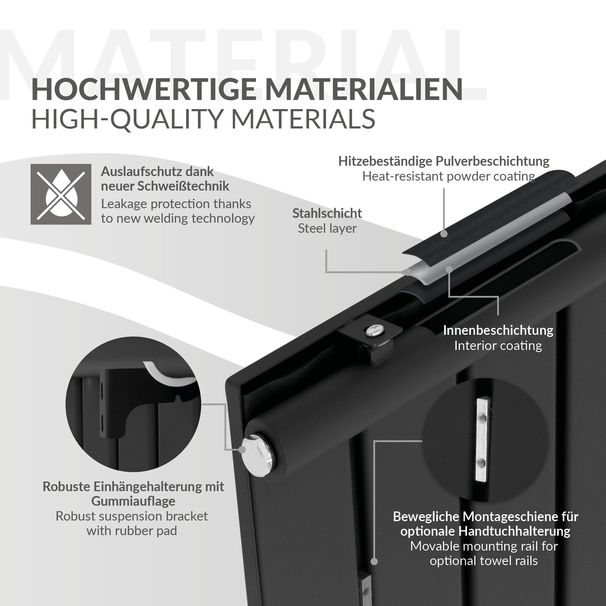 Detaljevisning af varmepladen med oplysninger om materialer og konstruktion.