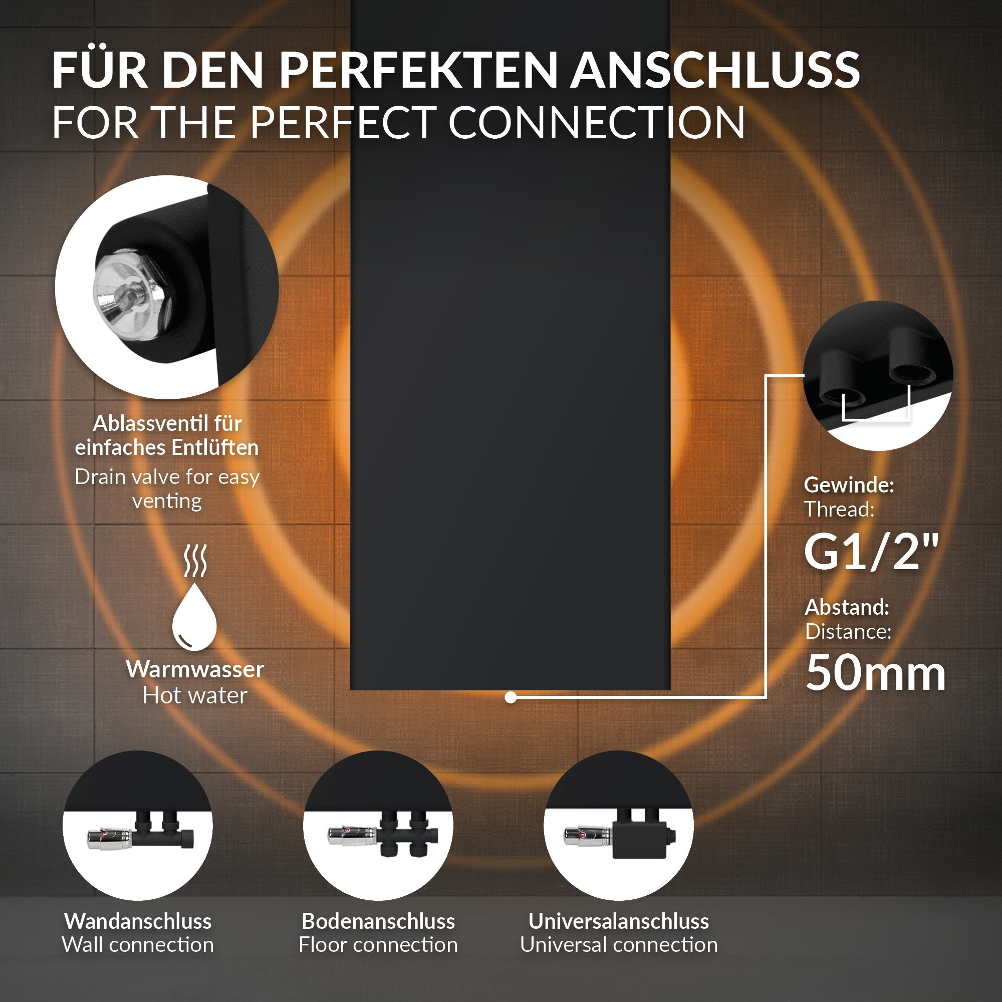 Schwarzer Heizkörper mit technischen Informationen und Anschlussmöglichkeiten.
