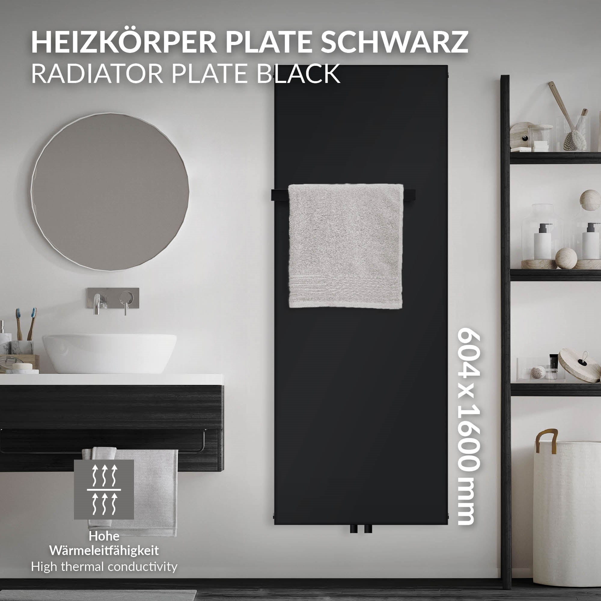 Schwarzer Heizkörper mit einem Handtuch, 604x1600 mm.