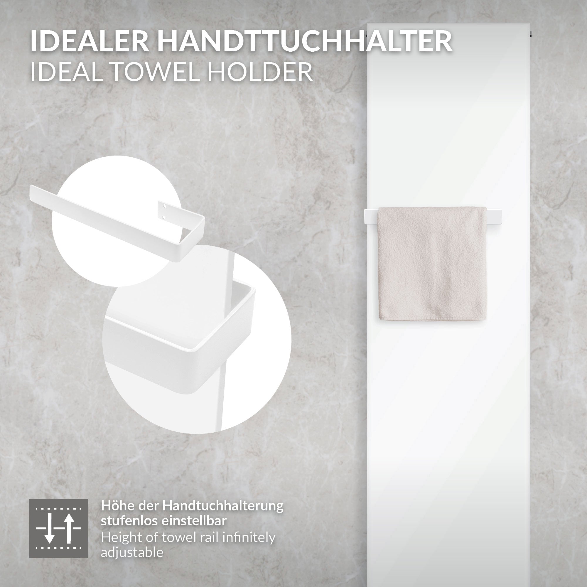 Weißer Handtuchhalter mit stufenlos einstellbarer Höhe.