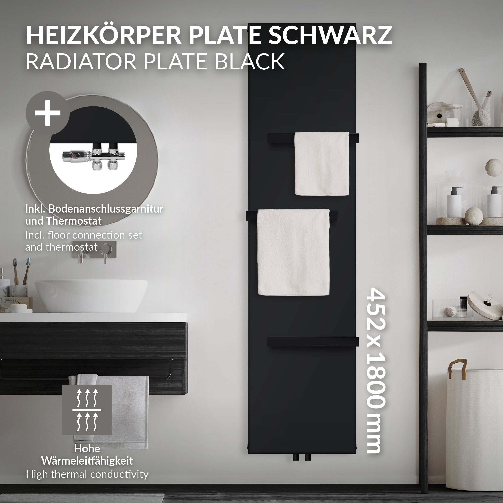 Placa de radiador negra con toalleros, 452x1800 mm.