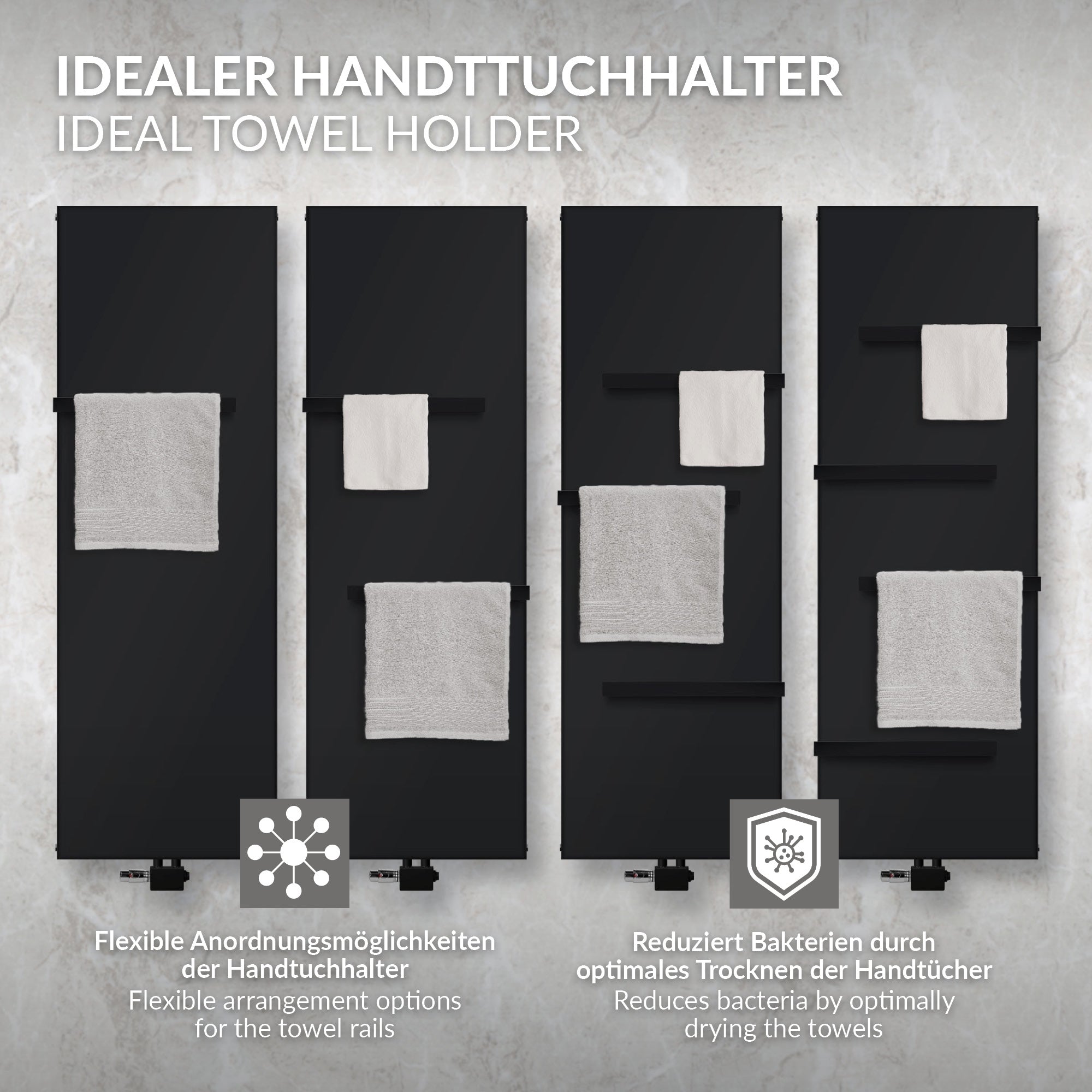 Drei Handtuchhalter in schwarz an einer Wand mit Handtüchern.