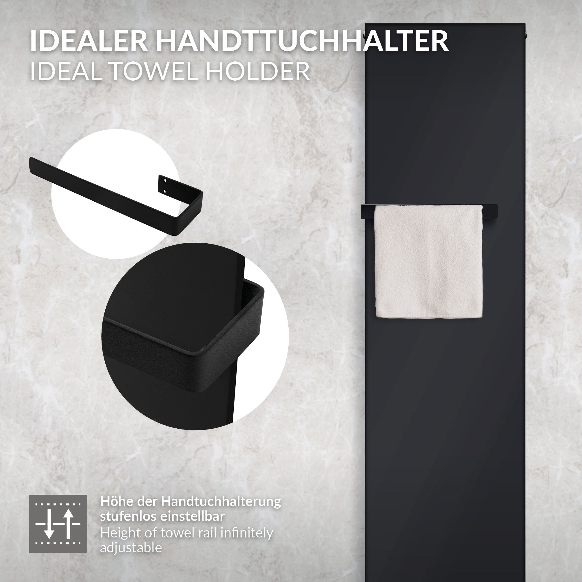 Schwarzer Handtuchhalter mit einer Handtuchablage.