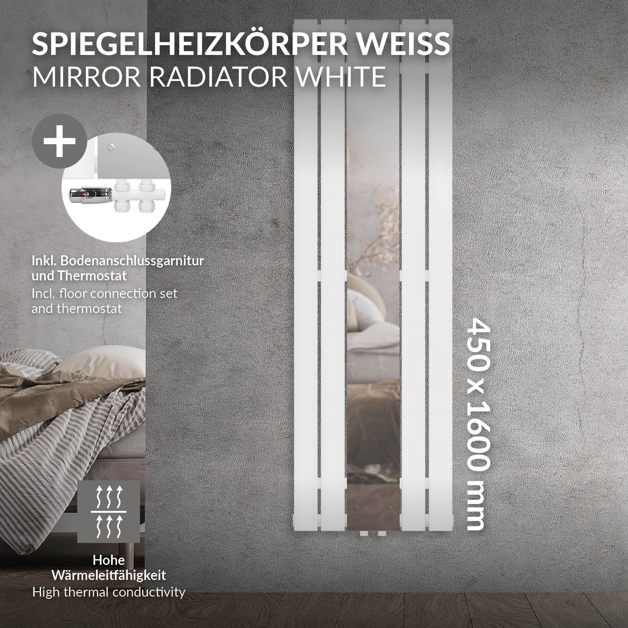 Fehér tükörfűtés, 450 x 1600 mm, falra szerelve.