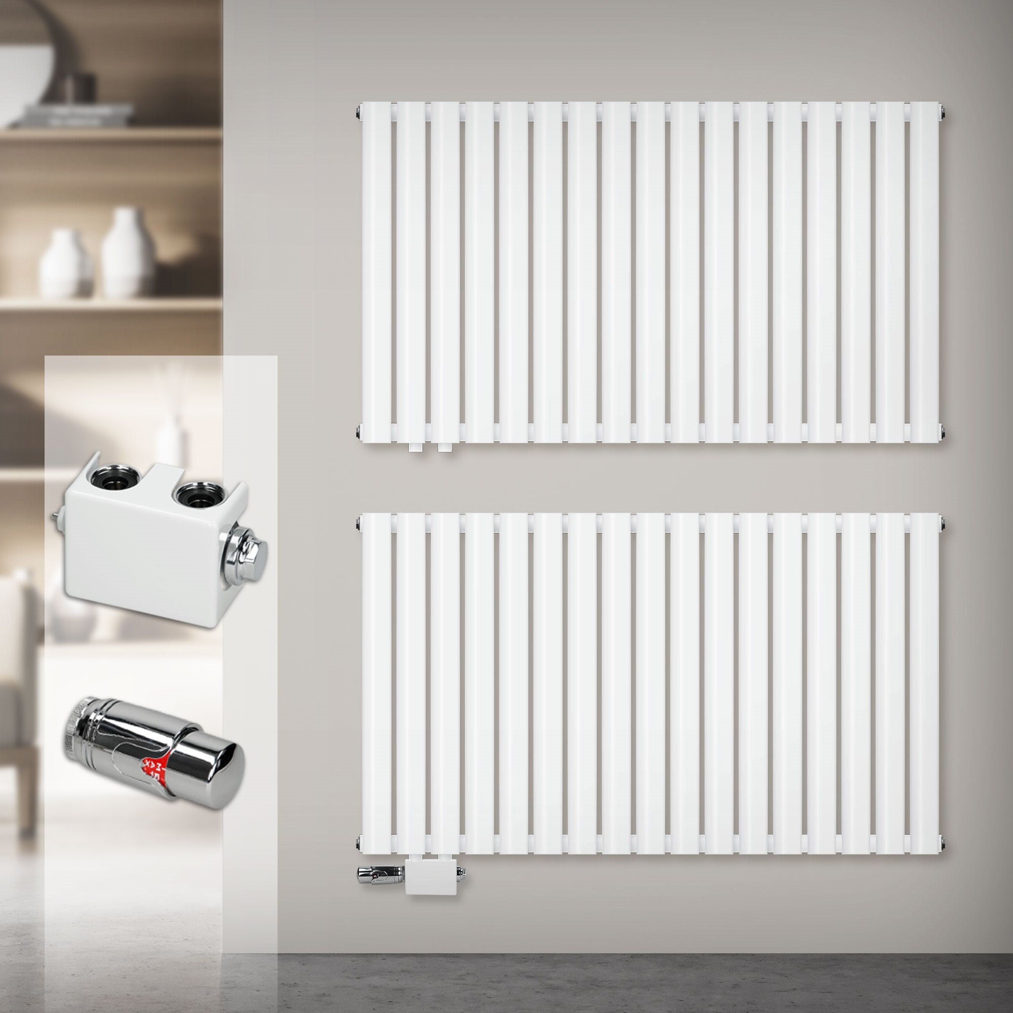 Two white radiators on a wall, with valves and accessories.