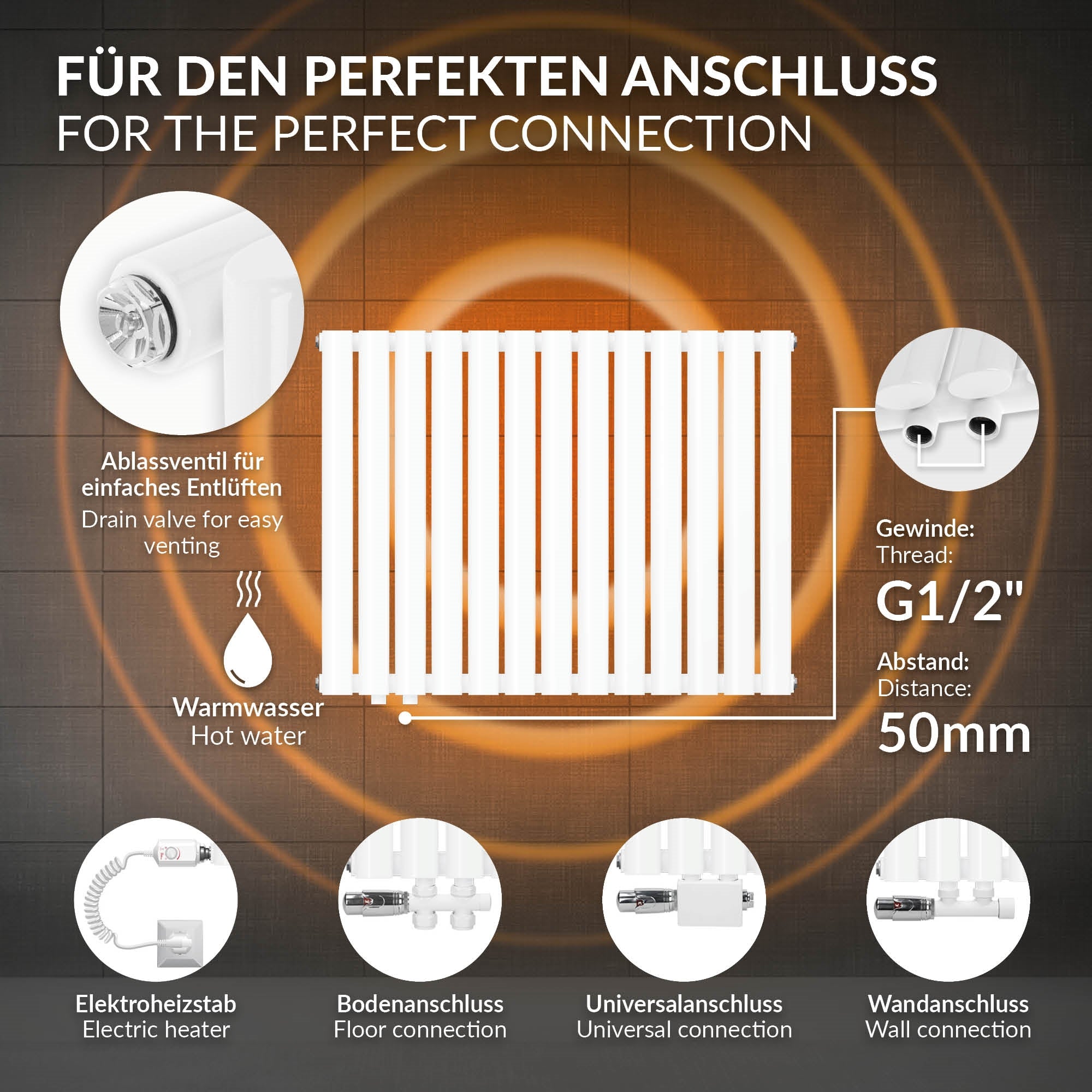 Technische Informationen zu einem weißen Heizkörper mit Anschlussdetails.