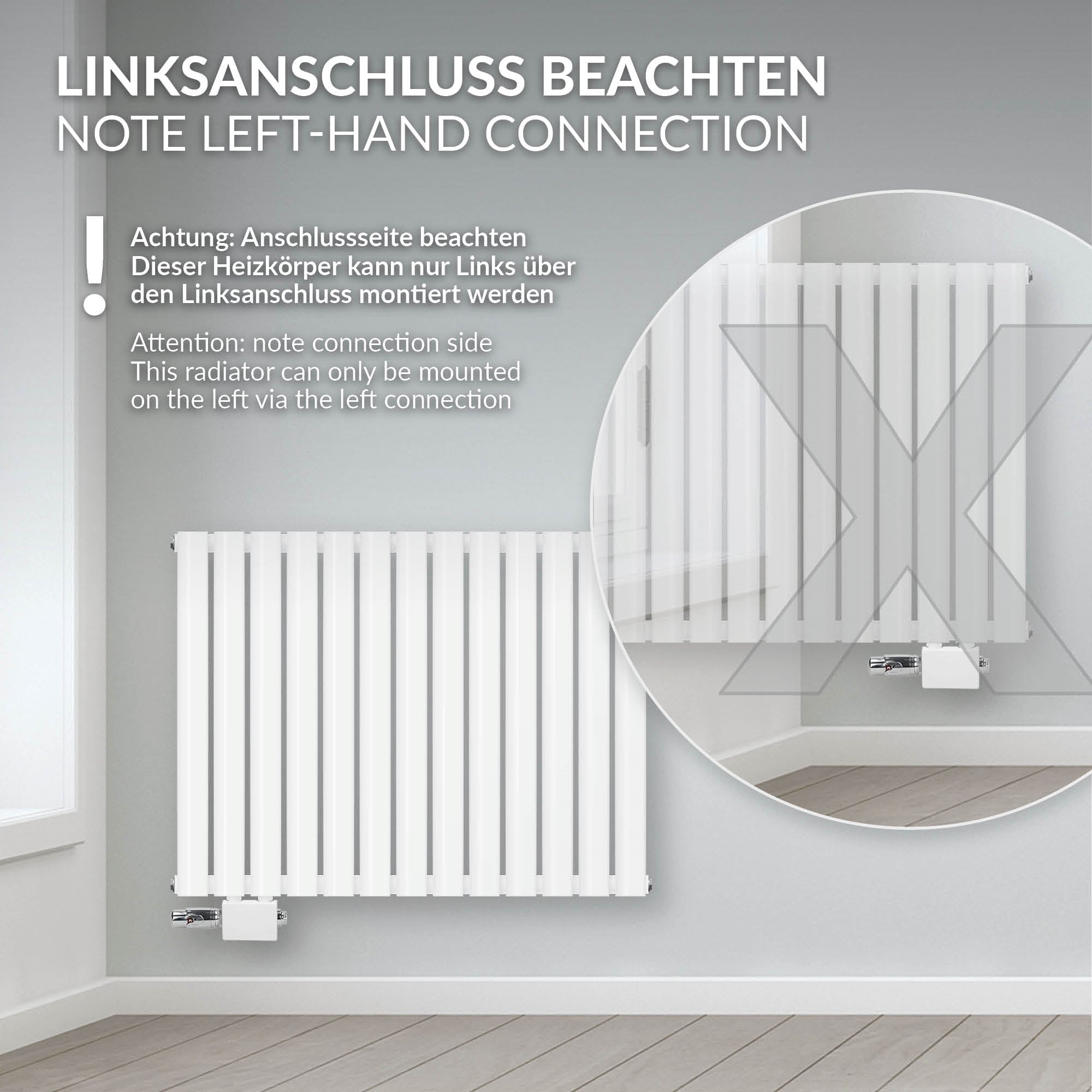 Heizkörper in Weiß mit Hinweis auf den linken Anschluss.