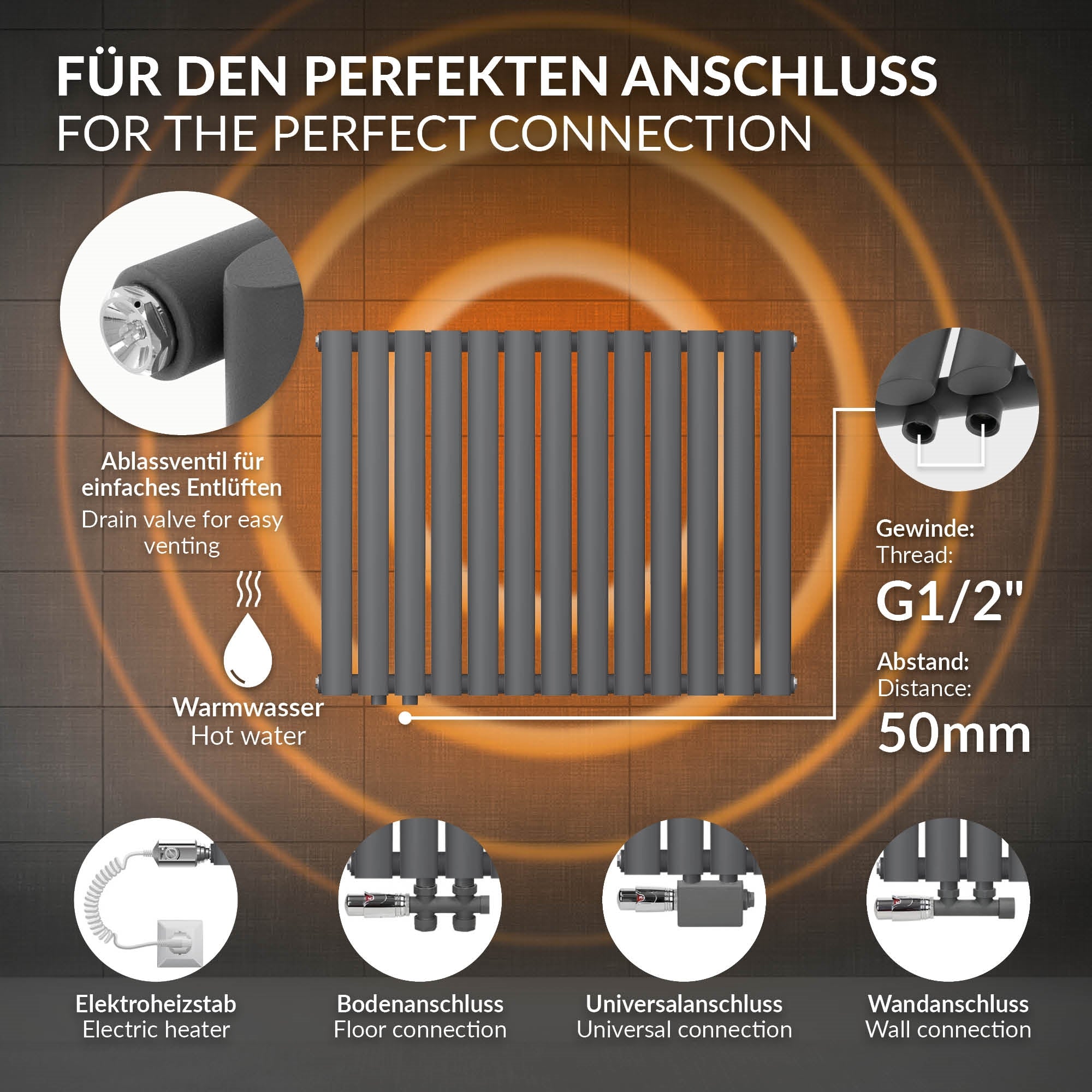 Heizkörper in Anthrazit mit technischen Details und Abmessungen.