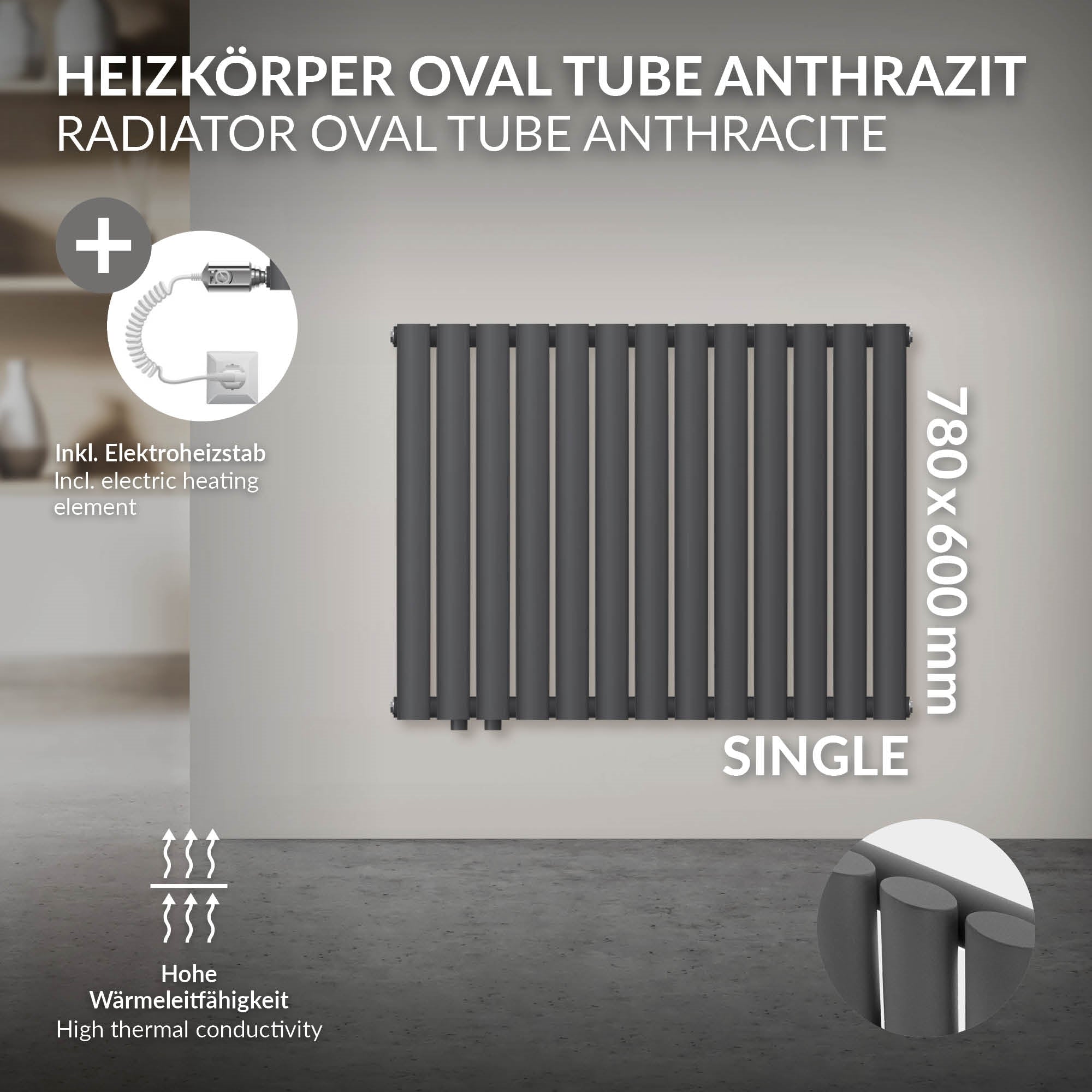 Radiador Oval Tube en antracita, 780x600 mm, con varilla calefactora eléctrica.