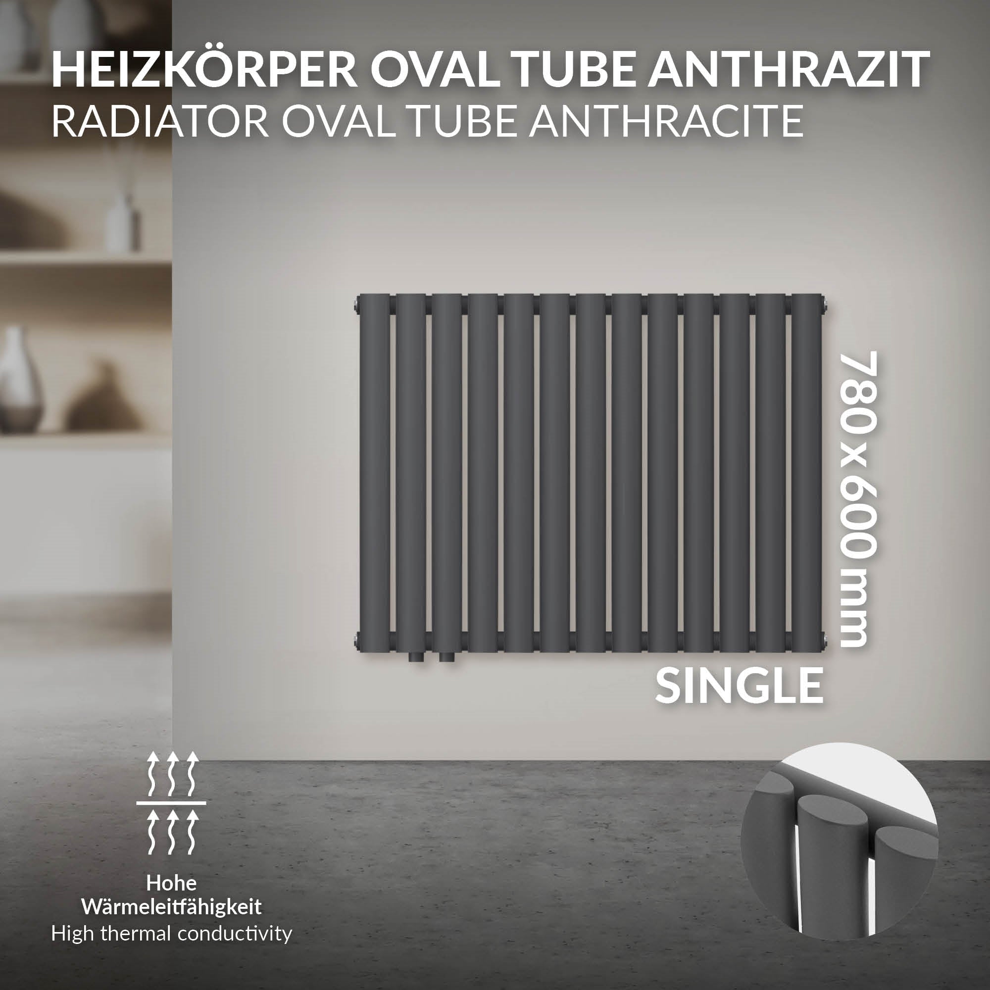Antracit színű radiátor ovális csövekkel, 780x600 mm.