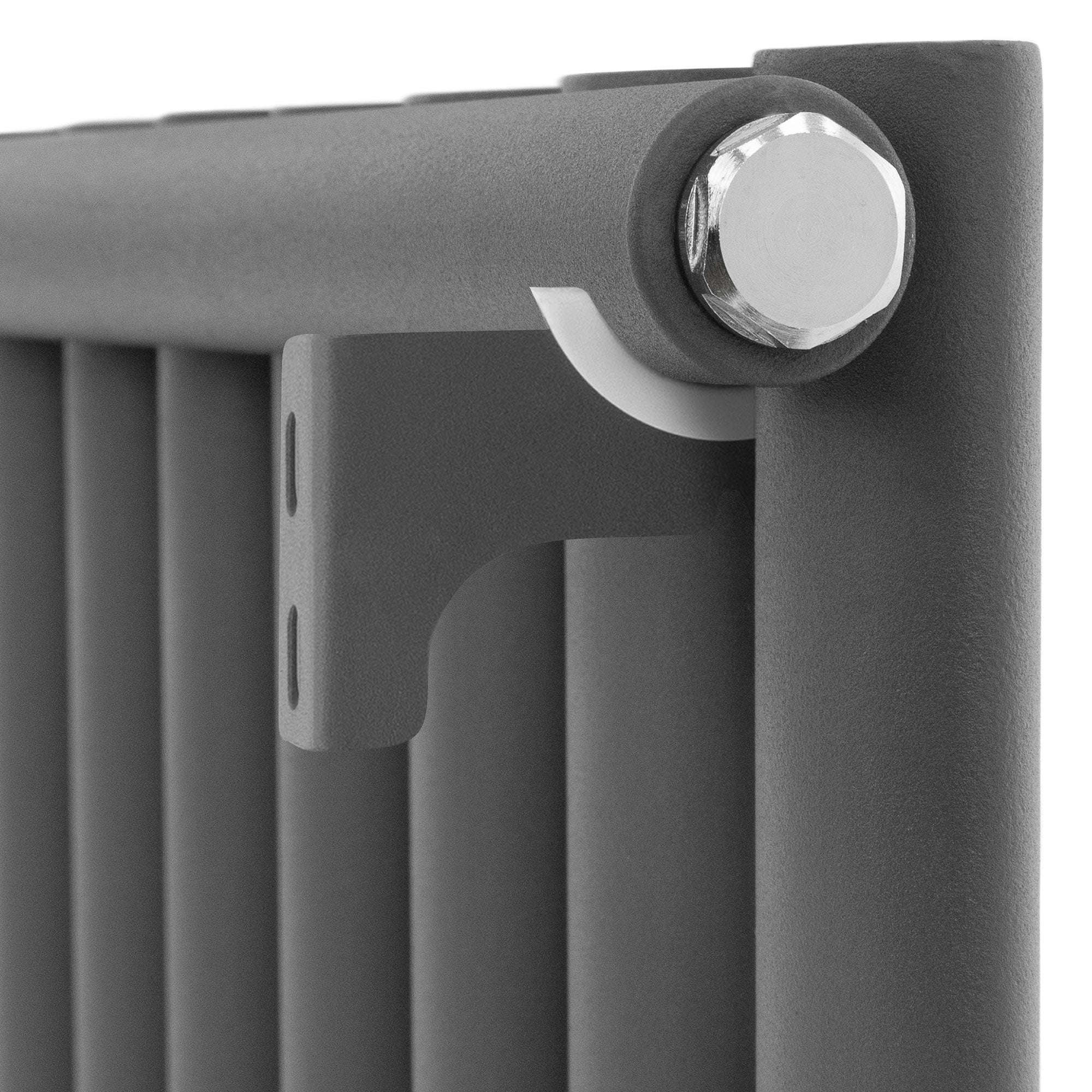 Close-up of an anthracite-colored radiator with mounting.