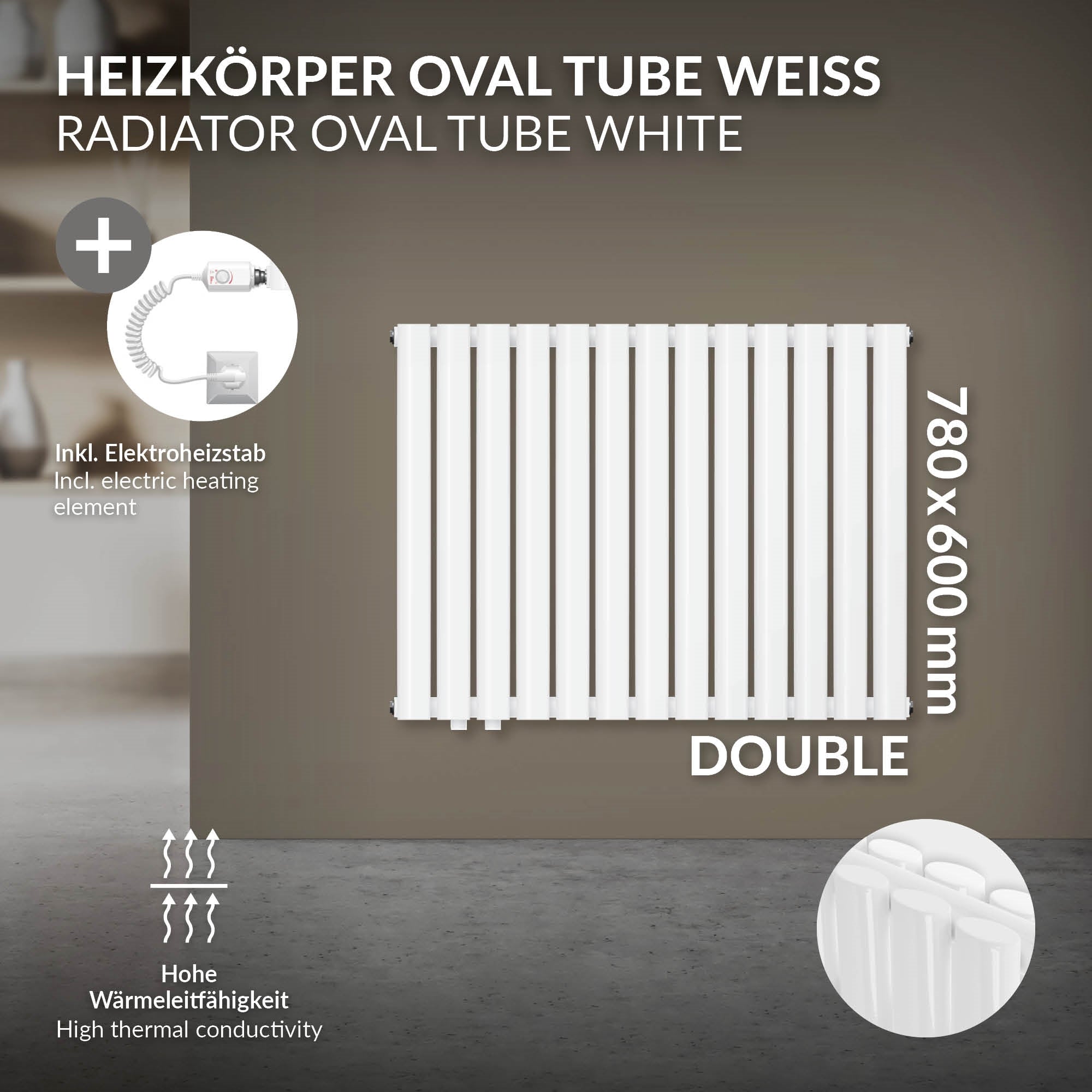 Weißer Heizkörper mit Elektroheizstab, 780x600 mm, doppelt.